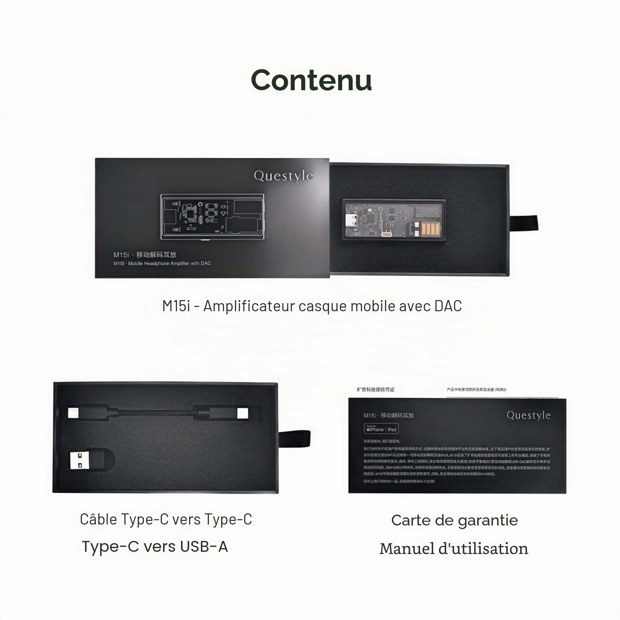 Questyle M15i Amplificateur Casque DAC USB Ampli Portable avec Dual-Jack, Ampli Casque Portable - Certifié Apple MFi, DAC Hi-Res - Faible Bruit, pour iOS/Android/PC