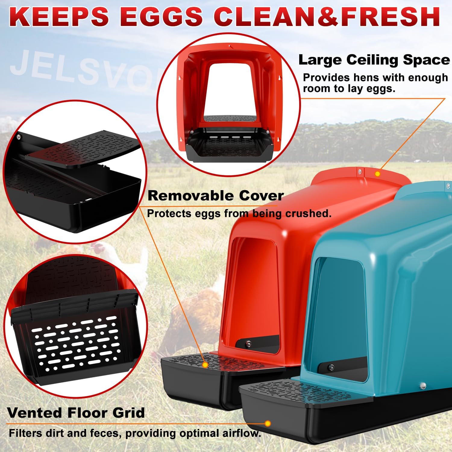 Chicken Nesting Box with Plastic Egg Trays, 8 Pack Nesting Boxes for Chickens with Egg Collection, Breathable Chicken Laying Boxes & Stackable Egg Tray for Chicken Coops and Farms - Red 8 Pack