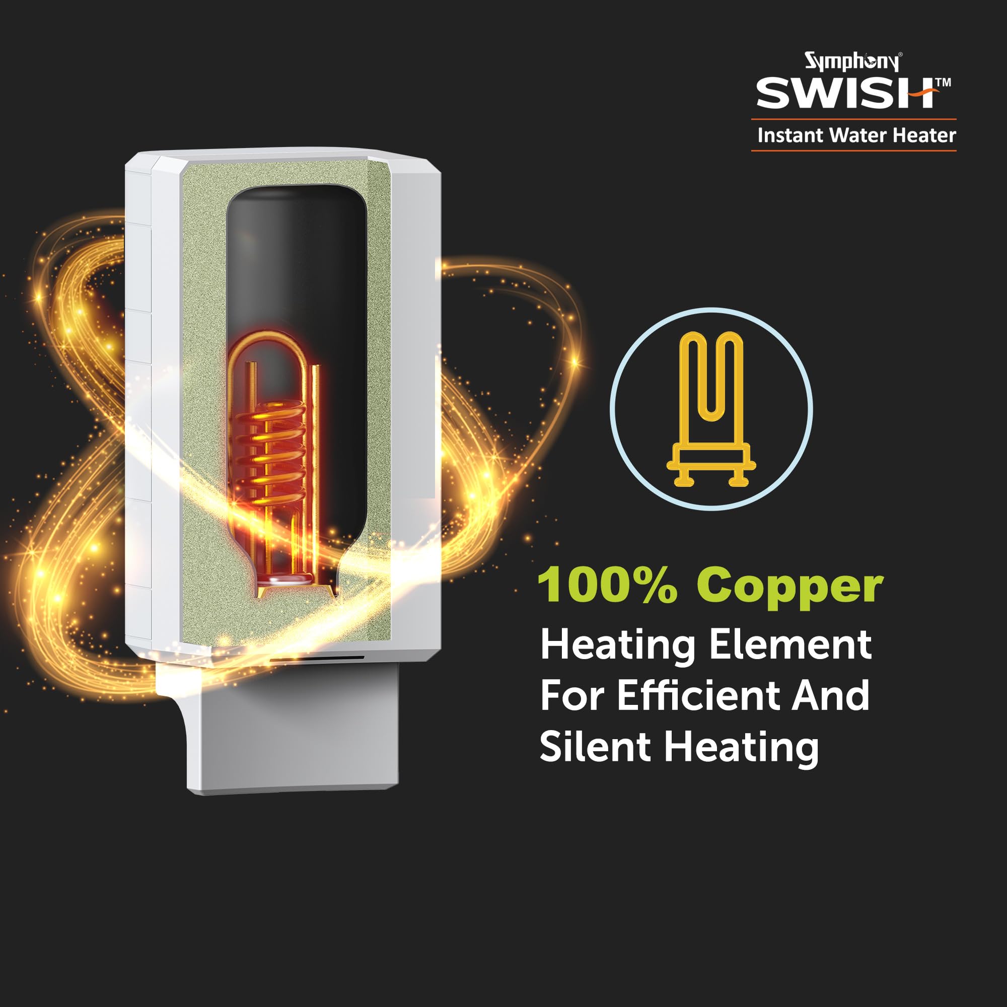 Symphony Swish 3L Instant Water Heater | 3KW Heating | Fast Heating for Kitchen & Bathroom Application | High Rise Compatible| Copper Heating Element| Color Changing LED Color | Free Installation 1
