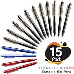 Lineon Erasable Gel Pens, 15 Pack Retractable Erasable Pens Clicker, Fine Point, Make Mistakes Disappear, 11 Black 2 Blue 2 Red Inks for Writing Planner and Crossword Puzzles