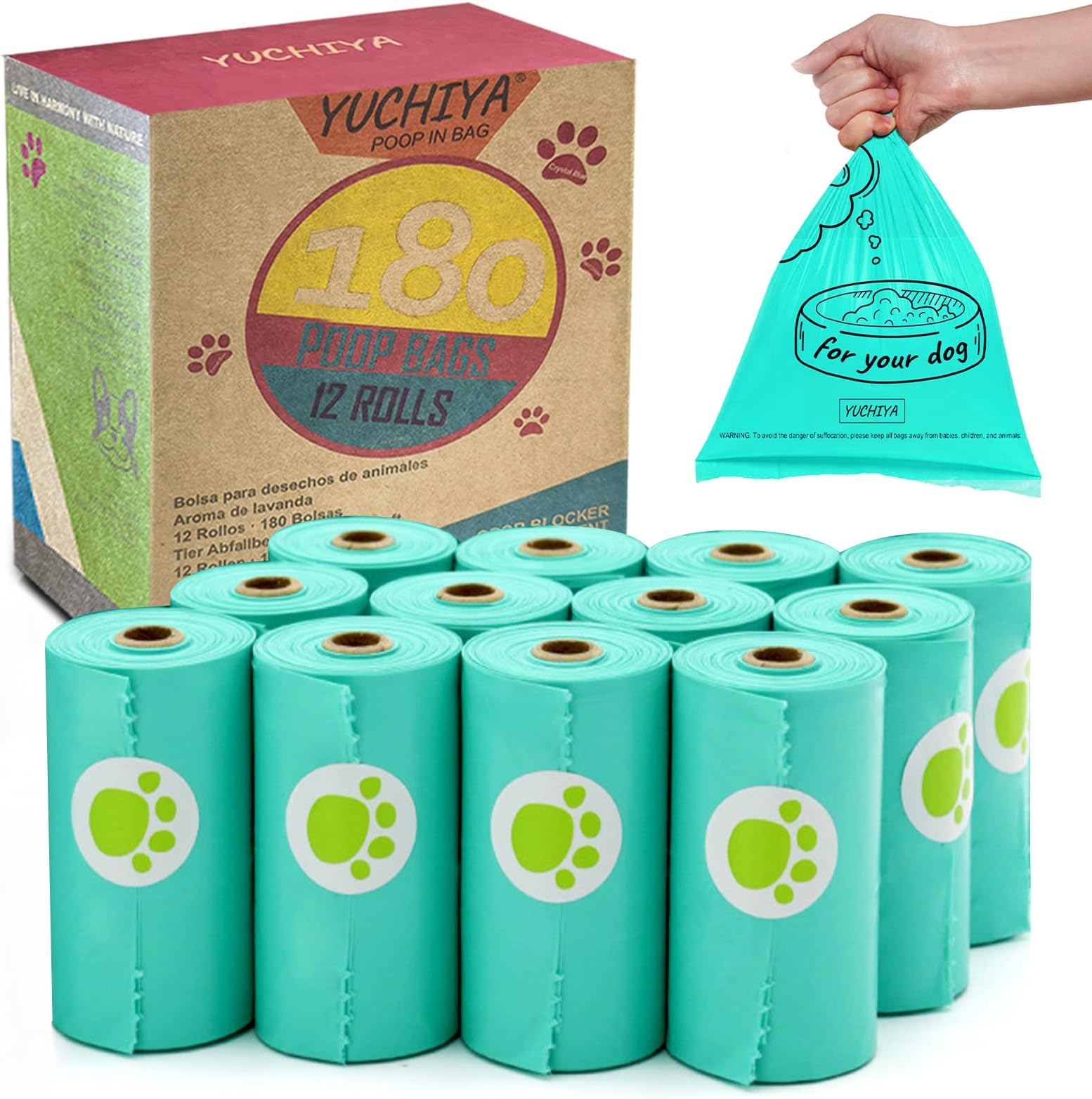 Dog Poop Bags Holder with LED Flashlight|Pet Waste Bags Dispenser for Leash|Doggie Potty Bags Container with Leak-proof Pet Trash Bags and Accessories (180 Bags, Crystal Blue)