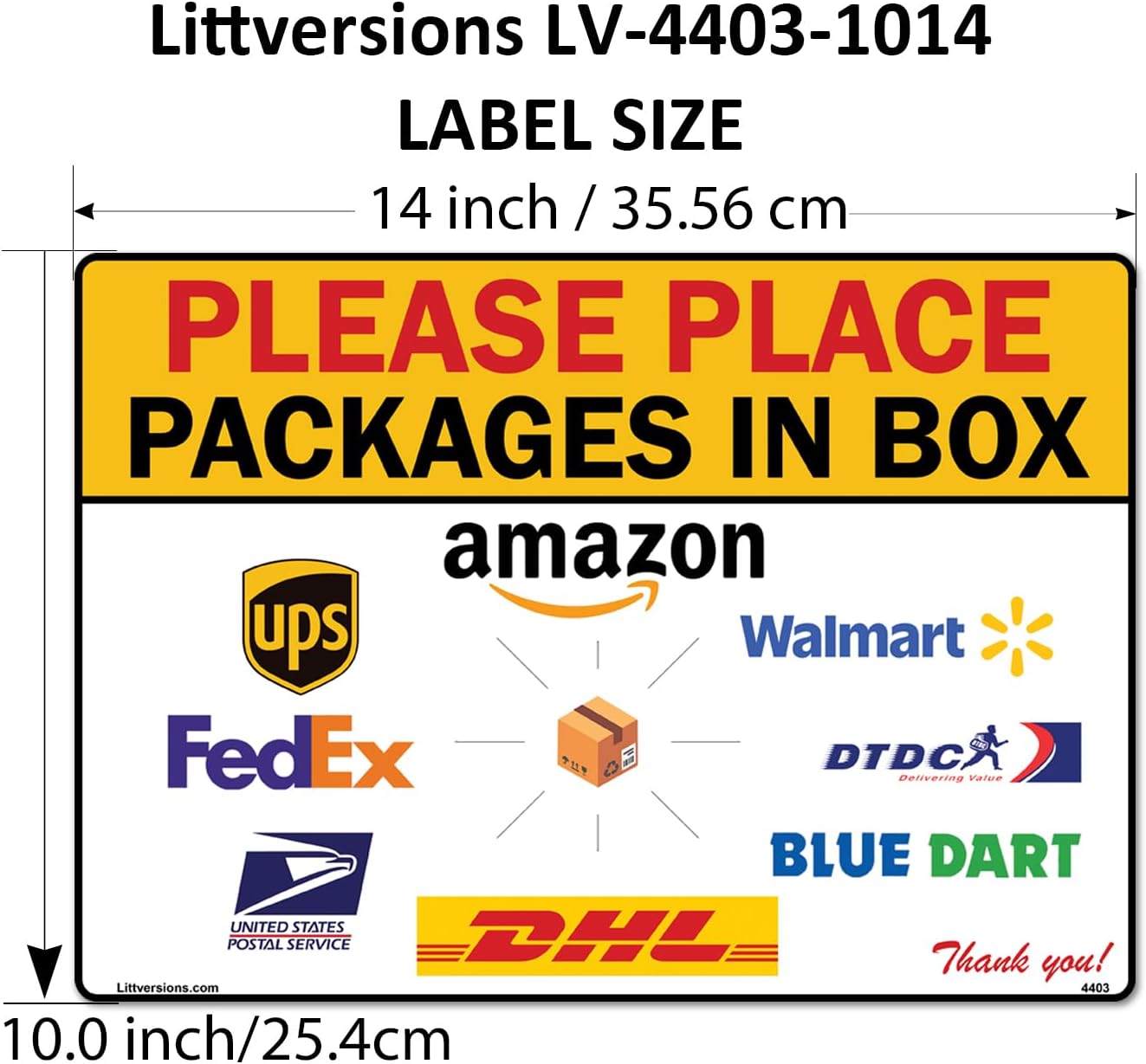 2 Pack 10"x14" Package Delivery Sign for Home, Office, Box, Front door, Porch Self-Adhesive "Place Packages in Box" Waterproof Sign for UPS, FedEx, Amazon, USPS, DHL Decal