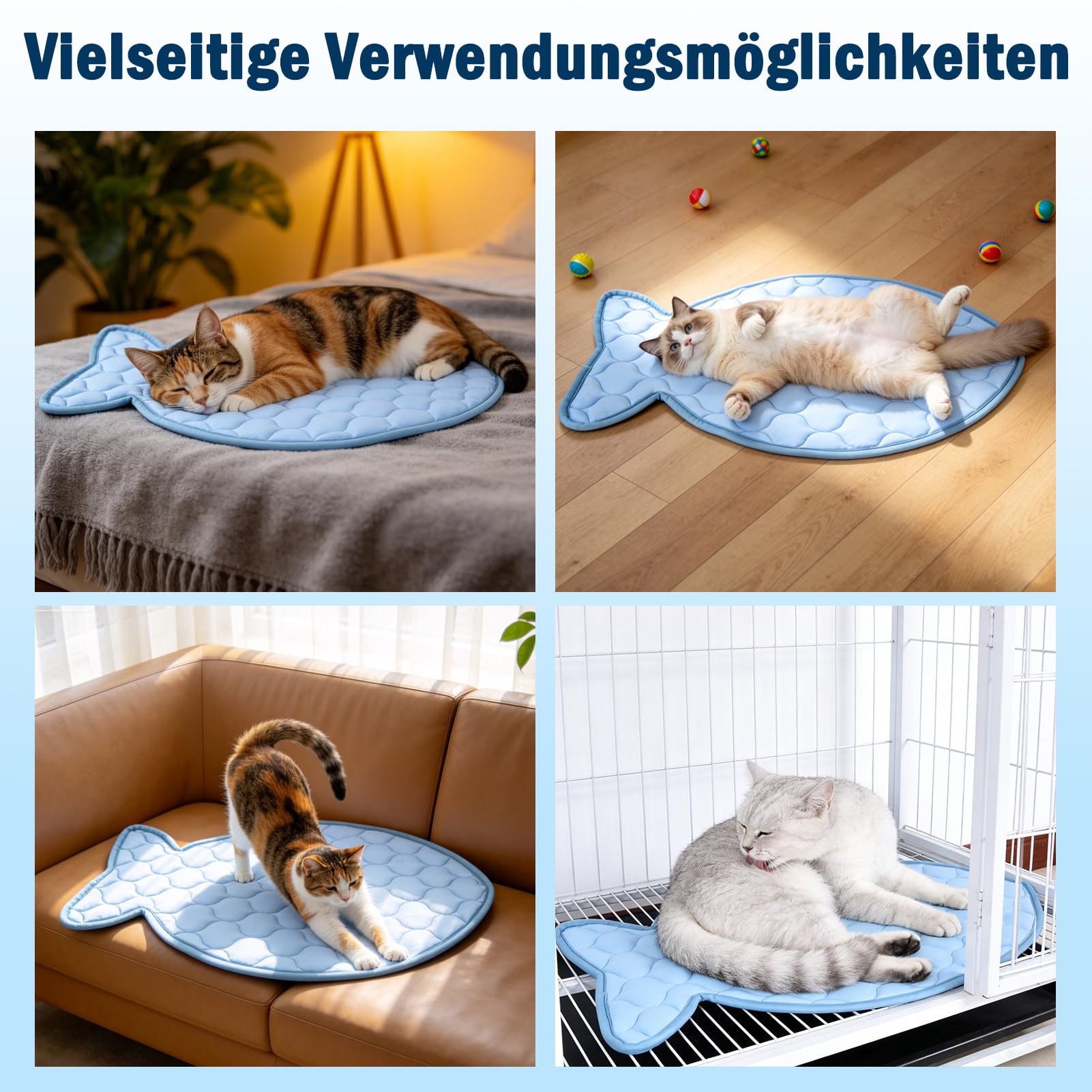 SZEE Fischformen Kühlmatte für Katzen/Kleine Hunde, Einzigartig Selbst Kühlenden Katzenmatte im Sommer, Maschinenwaschbare und Faltbare Katzenkissen für Zuhause/Reise/Sofa/Auto, 69x46cm