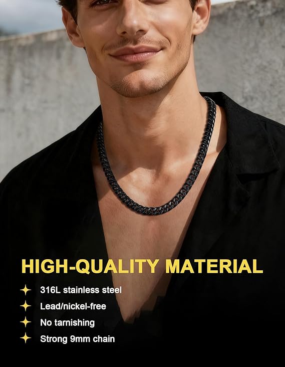 ChainsHouse Men Cuban Chain Necklace, 5/7/9/12mm Thick Cuban Link Hip Hop Mens Jewelry, Stainless Steel Chains with Strong Clasp, 46cm-76cm for Man