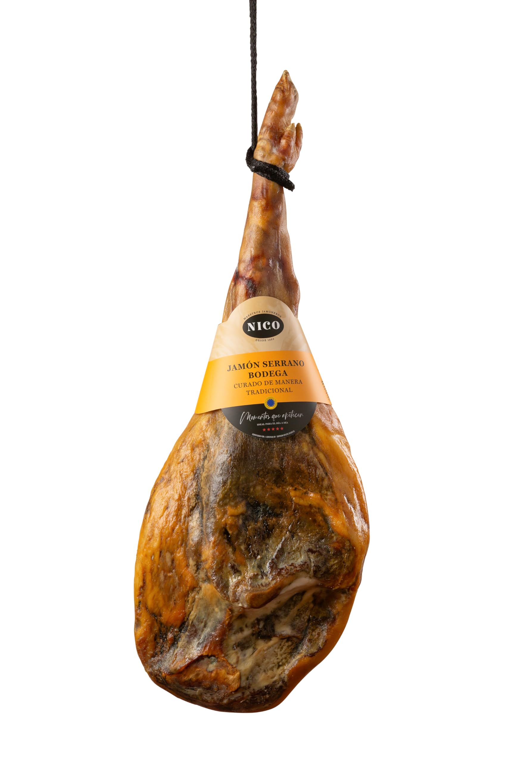NICO JAMONES - LOTE de JAMON SERRANO BODEGA. Inlcuye JAMONERO, CUCHILLO y CAJA de presentacion. Jamon de aproximadamente 6,5 kg con una curación de más de 9 meses