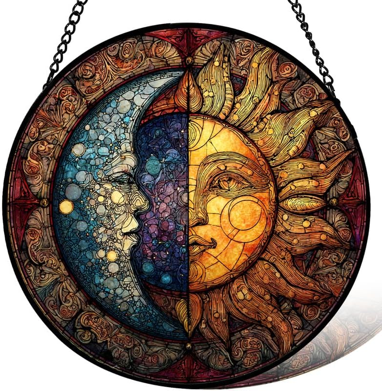Stained Glass Window Hanging， Sun and Moon 11.8in Sun Catchers Indoor Window， Core Decor Inside and Outside The Cottage， Celestial Art Home Decoration， Gifts for Women