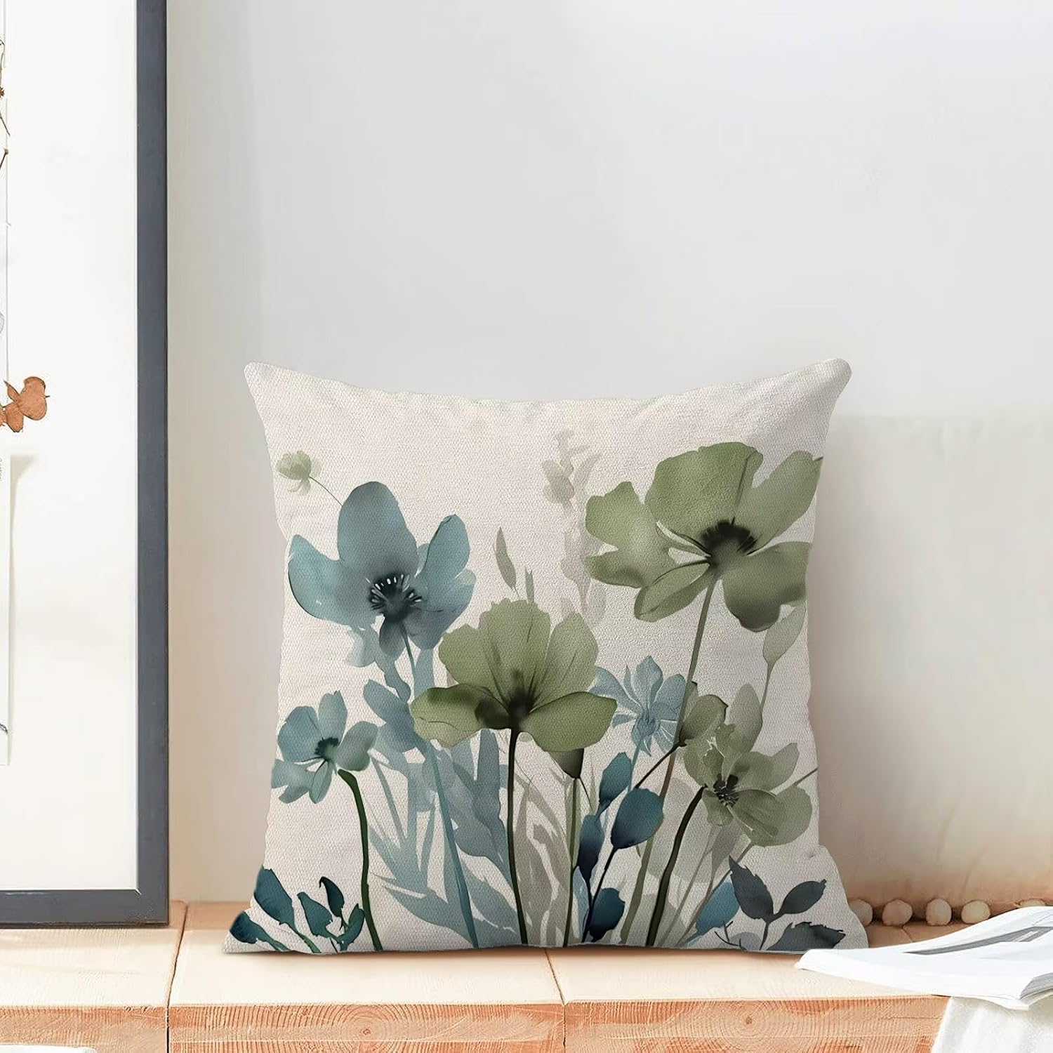 AEIOAE Sage Green Blue Floral Pillow Covers 24 x 24 Inch Set of 2, Spring Watercolor Flower Decorative Throw Pillow Covers Outdoor Linen Farmhouse Decor Pillowcase for Home Sofa