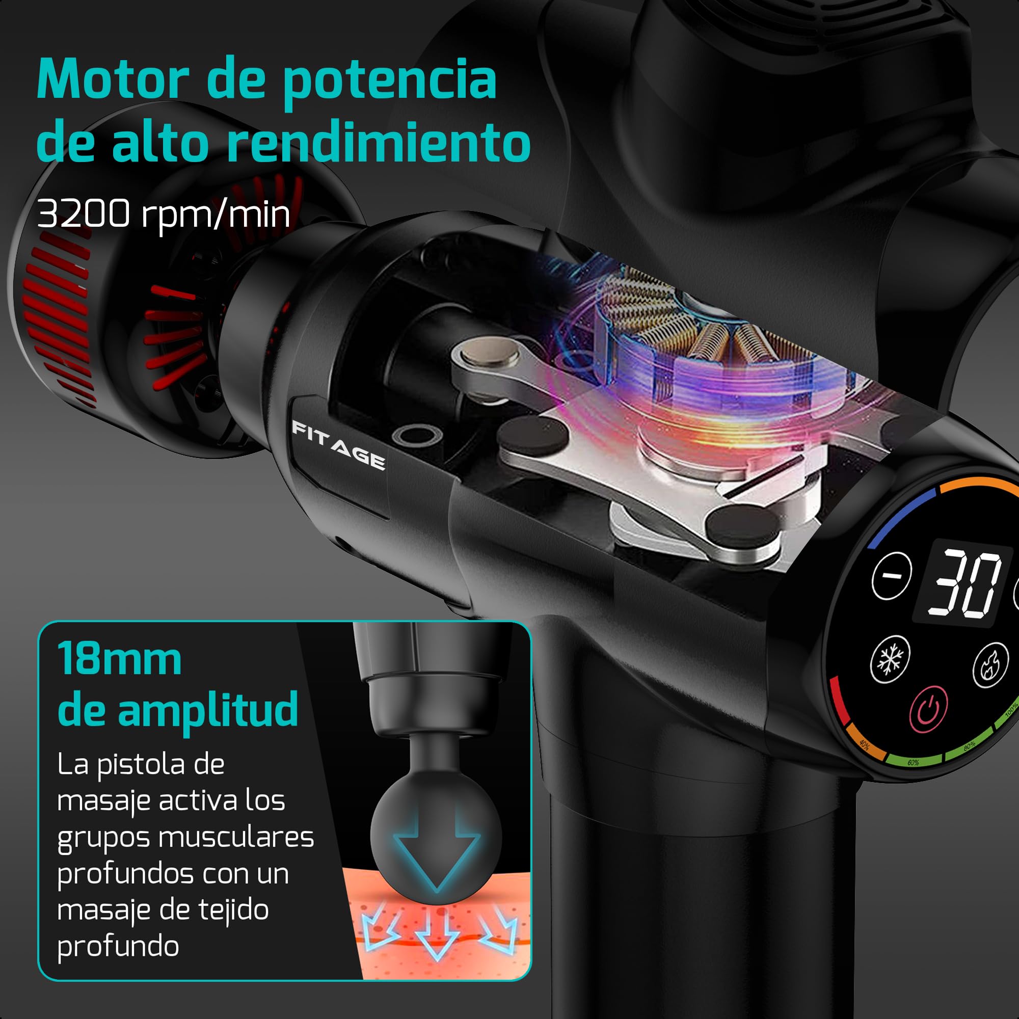FITAGE Pistola de Masaje Muscular– Masajeador Profesional con 30 Niveles de Velocidad y 8 Cabezales para Relajación Profunda y Recuperación Muscular- Premium