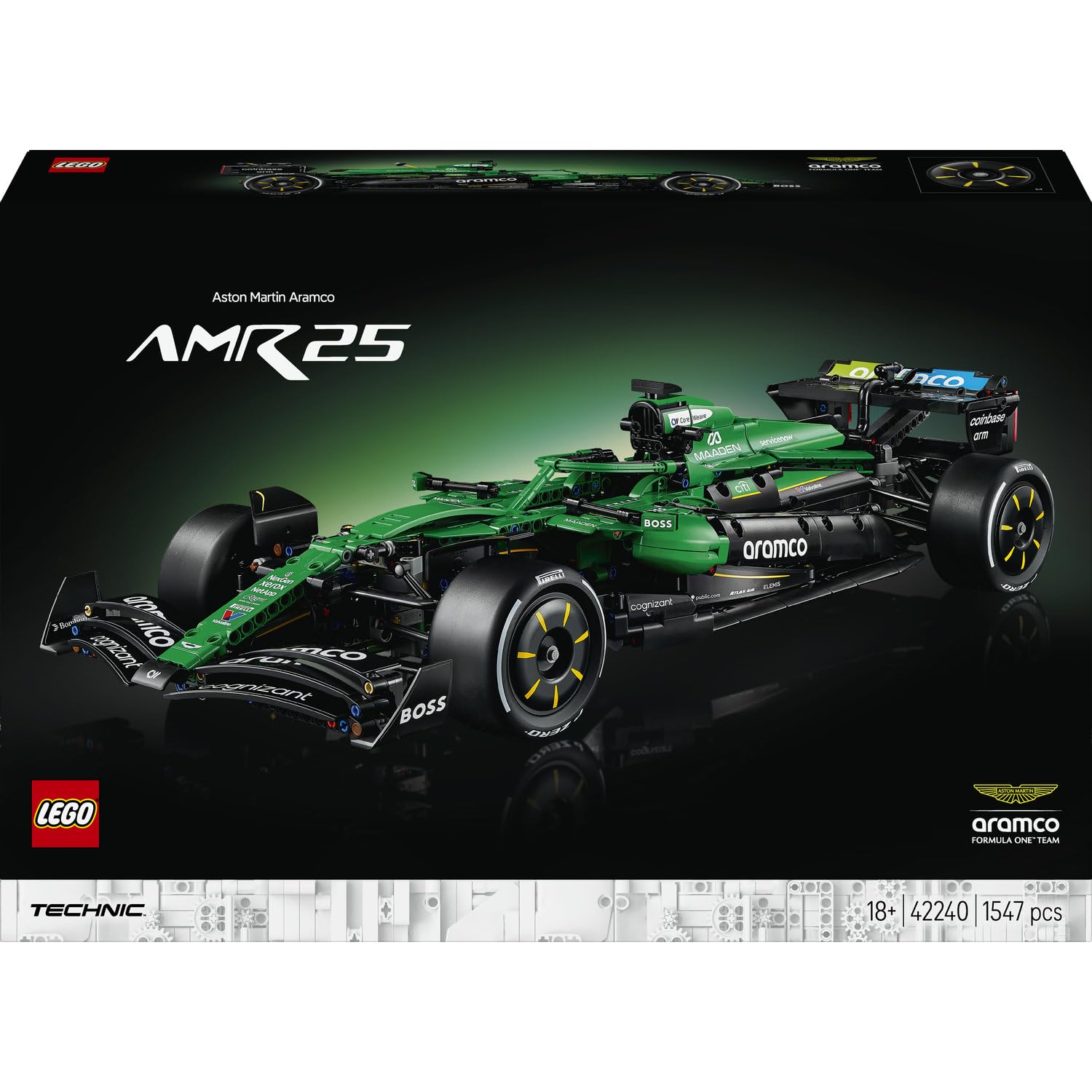 LEGO Technic Aston Martin Aramco AMR25 F1 Car 42240 | Set for Adults, Collectible Formula 1 Model Kit with V6 Engine, DRS & Push-Rod Suspension, Motorsport Gift Idea, 1547 Pieces