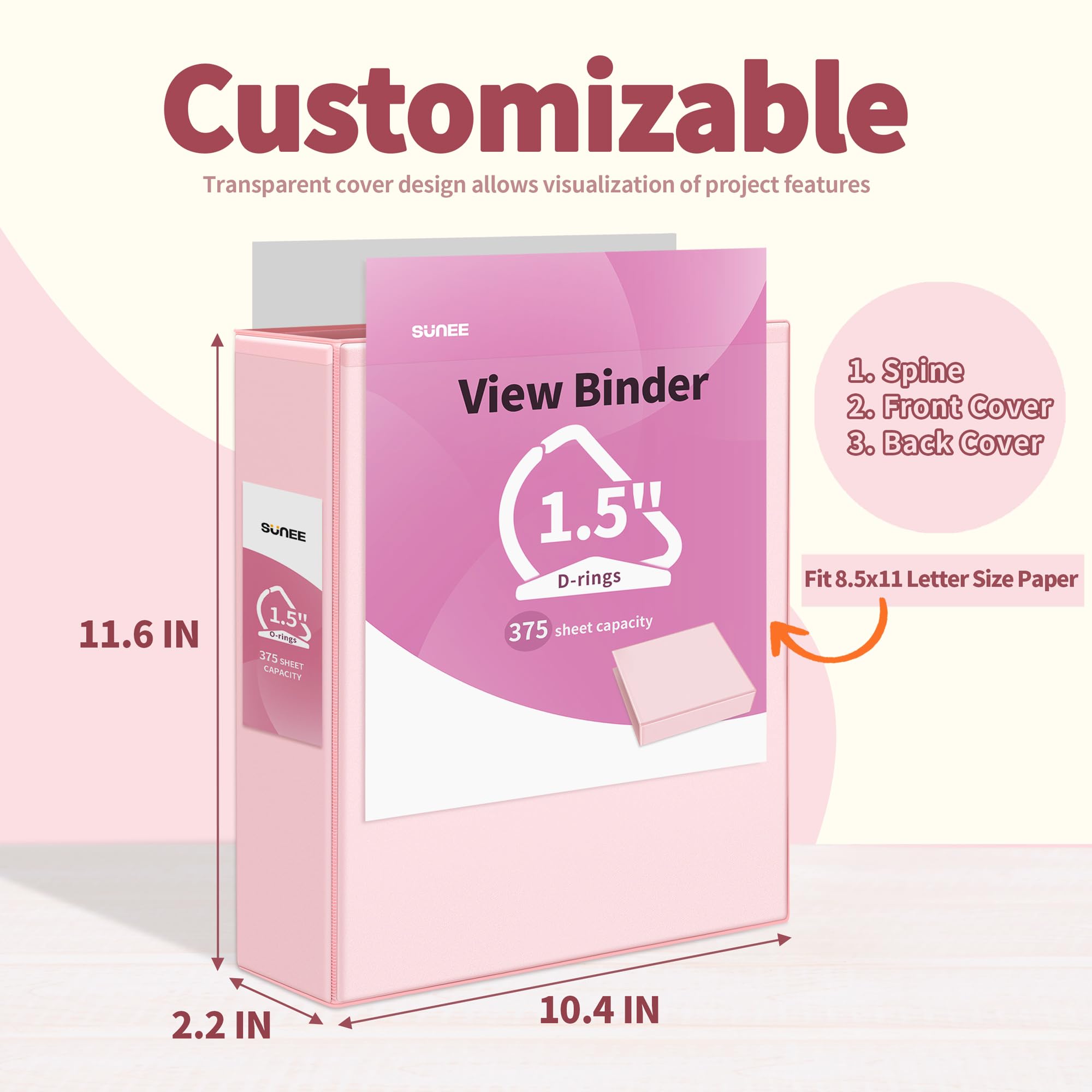 SUNEE 3-Ringbuch, Aktenordner, Ringbücher, 3,8 cm D-Ring, transparenter Ordner, 3 Ringe, PVC-frei (passend für 21,6 x 27,9 cm), für Schulordner oder Bürobedarf, sortierte Pastellbinder, 4 Stück