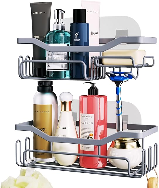 HapiRm Shower Caddy Grey, Shower Caddy with 11 Hooks, Shower Shelf No Drilling, Bathroom Organizer with Razor and Soap Holder, Wall Mounted Shower Caddy for Bathroom, Restroom, Kitchen, 3 Adhesives