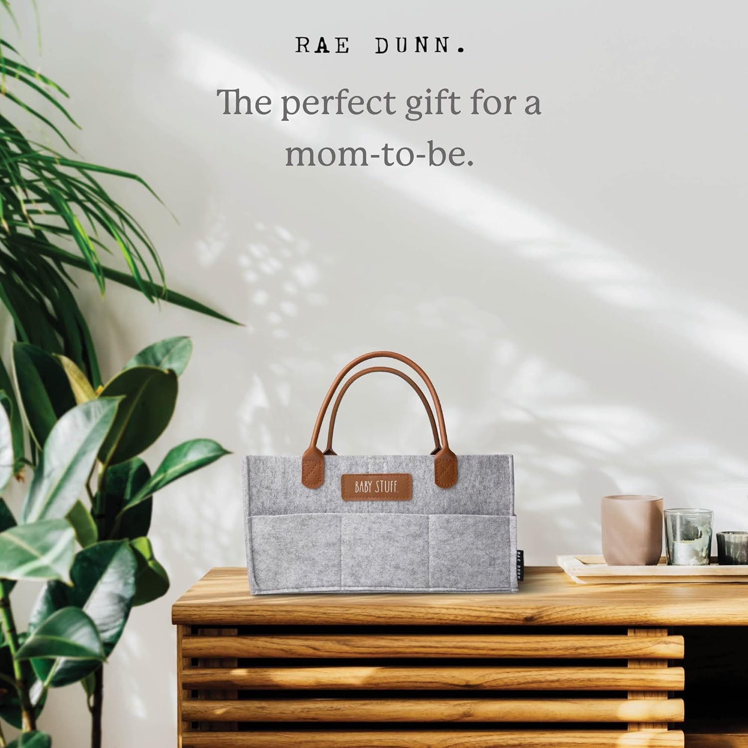 Rae Dunn Baby Diaper Caddy Organizer, Nursery Storage for Changing Table and Car, Portable Basket for Items, Shower Gifts, Grey Felt With Leather Handles, Small