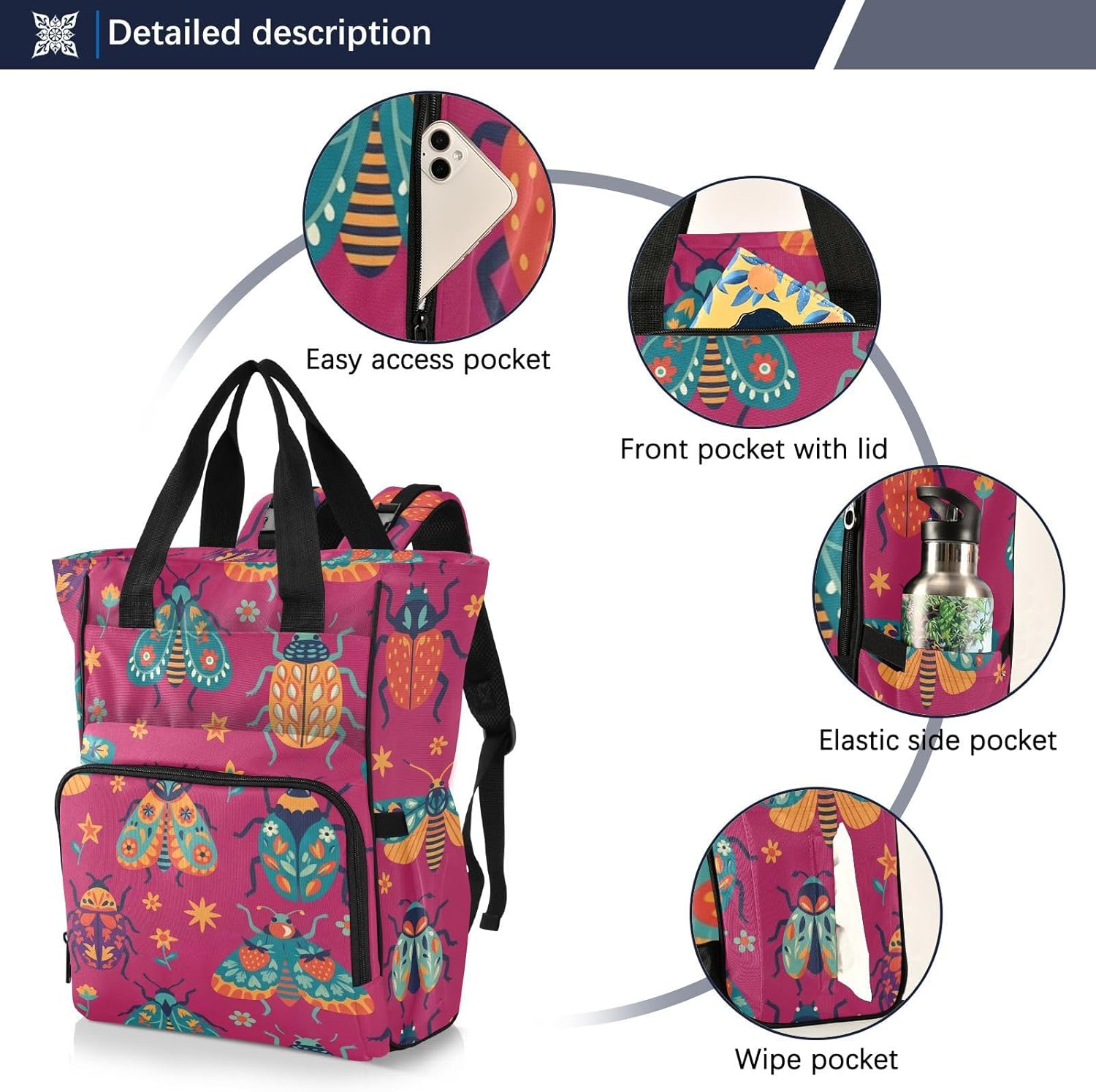 SPRIPORT Colorful Animals Flowers Red Pattern Diaper Bag Backpack for Baby Boys Girls Multifunction Baby Essentials Travel Tote with Stroller Straps & Bottle Storage Nappy Changing Bag for Baby Gifts