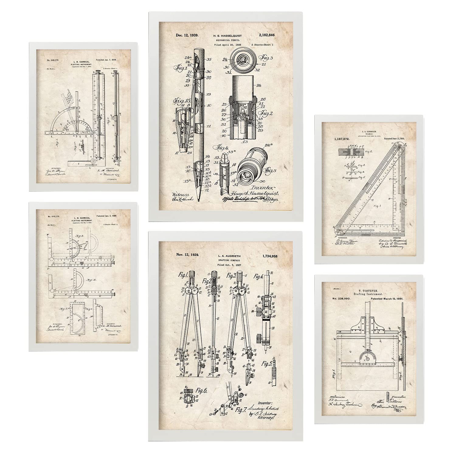 Nacnic Set of 6 Measurement Tool patent prints. Posters with retro patent illustrations for your home, shop, office... Vintage style interior decoration. A4 and A3 sizes. No frame.