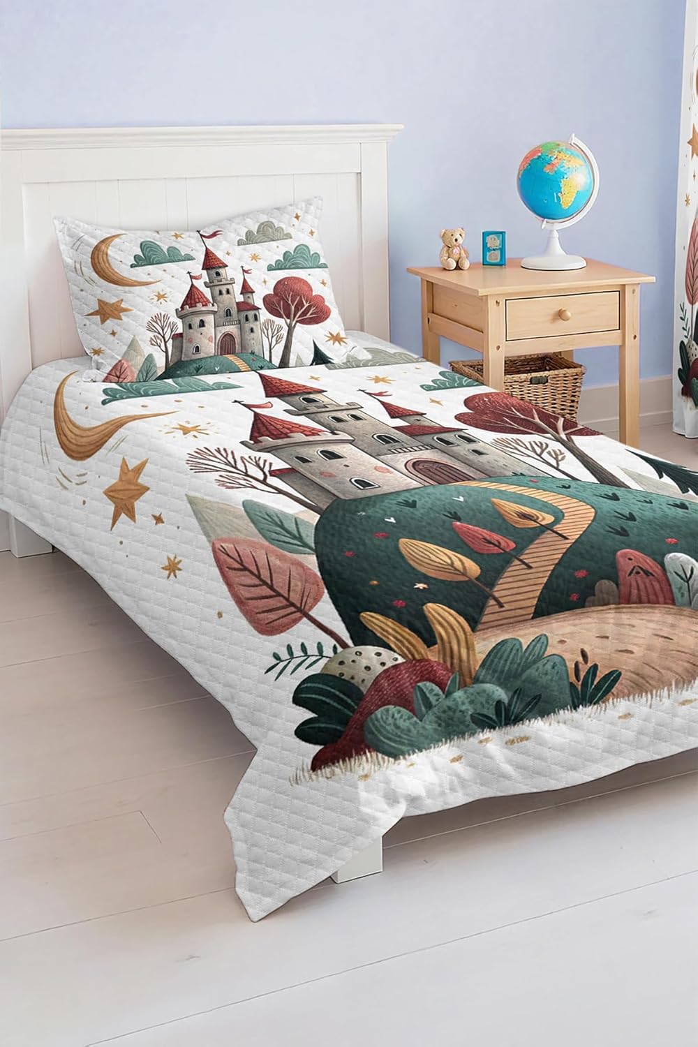 SODEF Single Size Quilt Set Castle and Tree Pattern Colorful Kids and Teens Room Bedspread, 2 Piece Cotton Polyester Blend - Multicolor, One Size