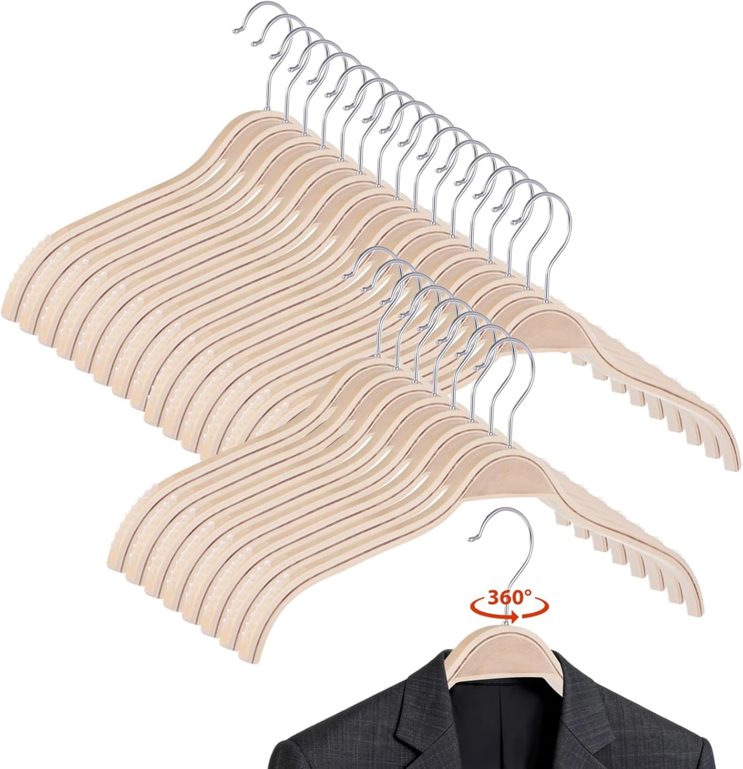 30 PCS Slim Natural Wooded Hangers with Extra Soft Non-Slip Rubber Grips - Curved Shoulder Design, 360° Rotatable Metal Hook Hangers for Shirts Sweaters Jackets Dresses