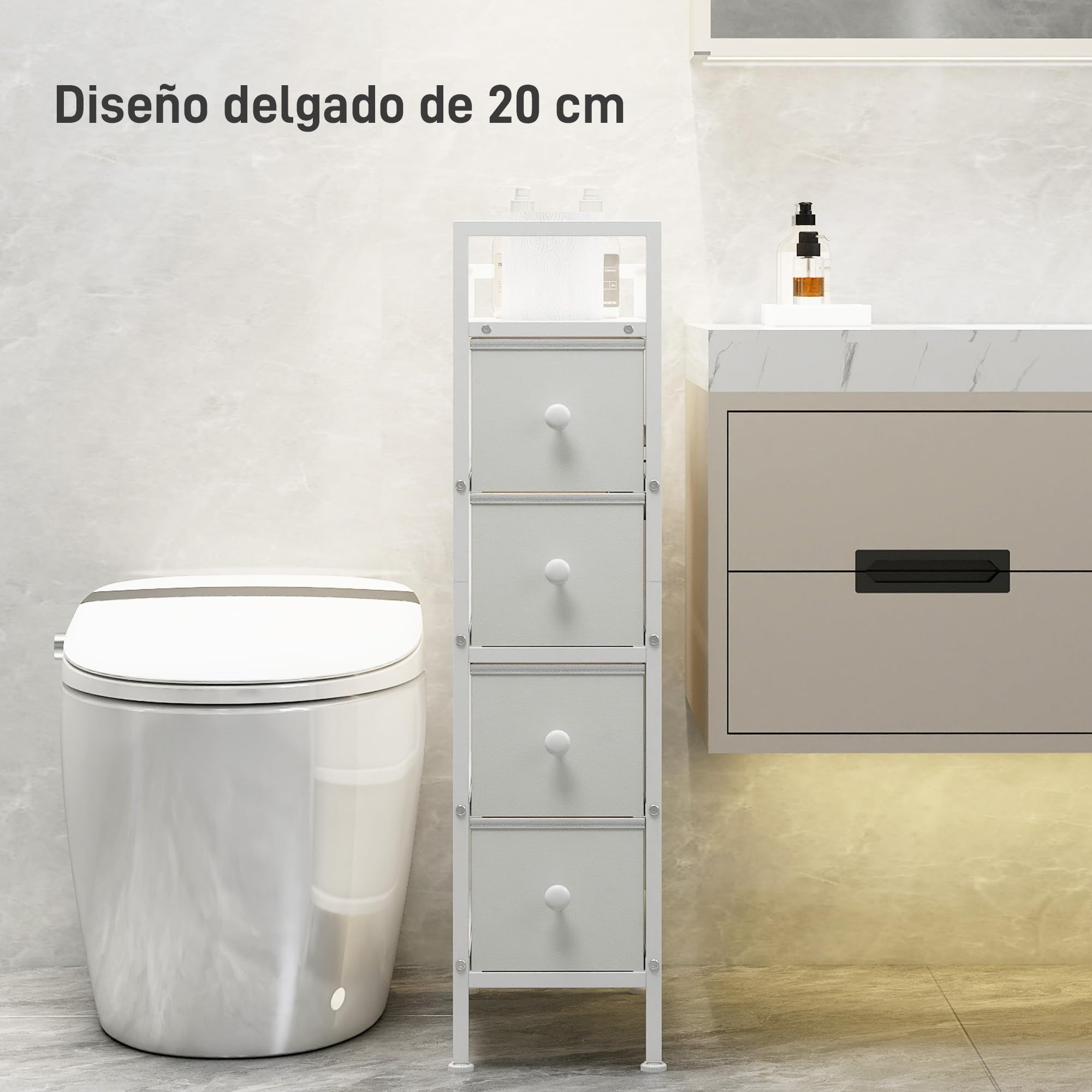 HOMCOM Cómoda con 4 Cajones de Tela, Cómoda para Dormitorio Estrecha con Marco de Acero, Cajonera para Espacios Pequeños, Sala de Estar, Vestidor, Baño, Blanco