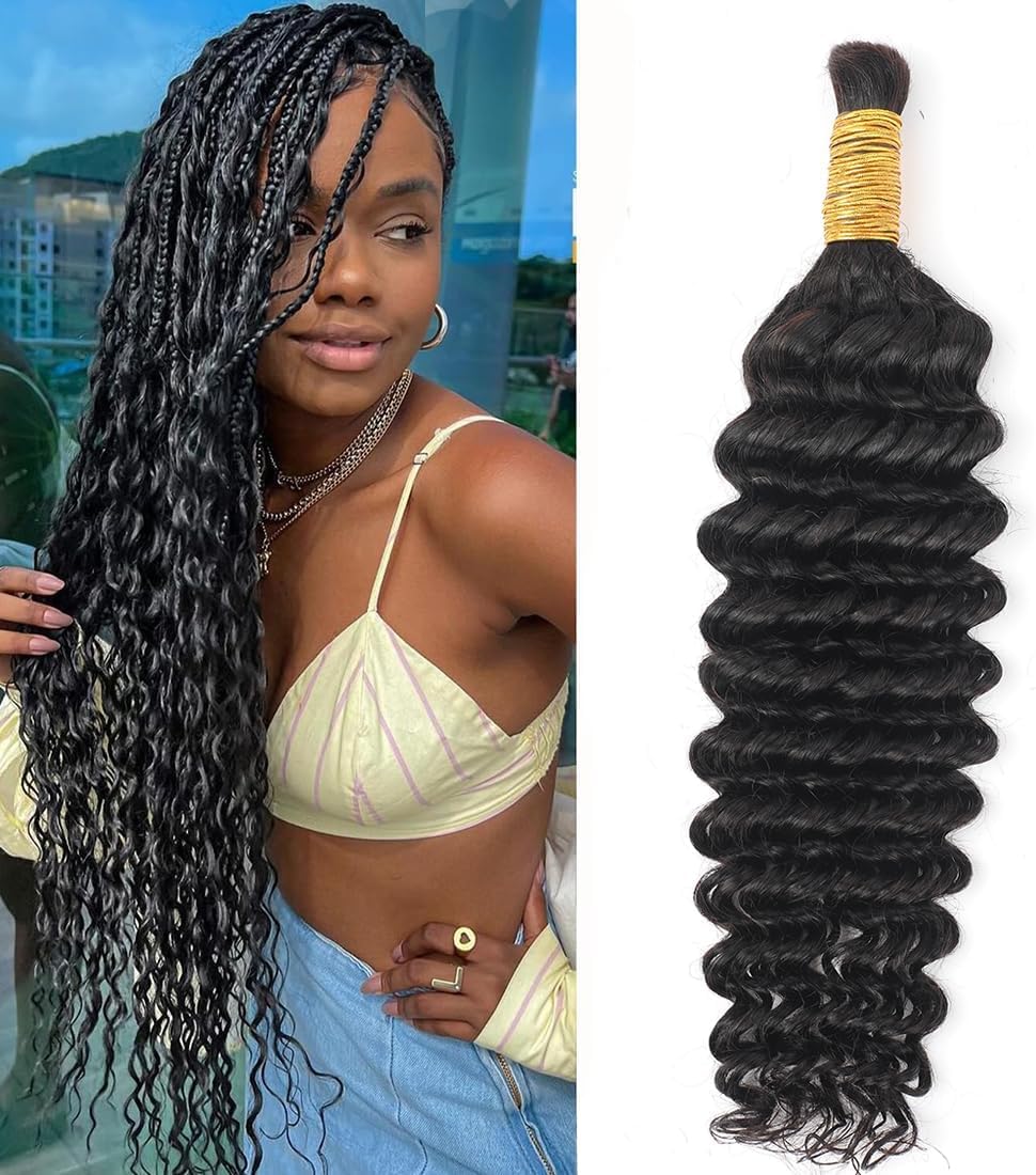 Human Braiding Hair for Boho Braids 22" Deep Wave Bulk Human Hair Extensions for Braiding No Weft 1 Bundle Brazilian Virgin Curly Loose Deep Water Wave Bulk Wet and Wavy 100g Nature Black