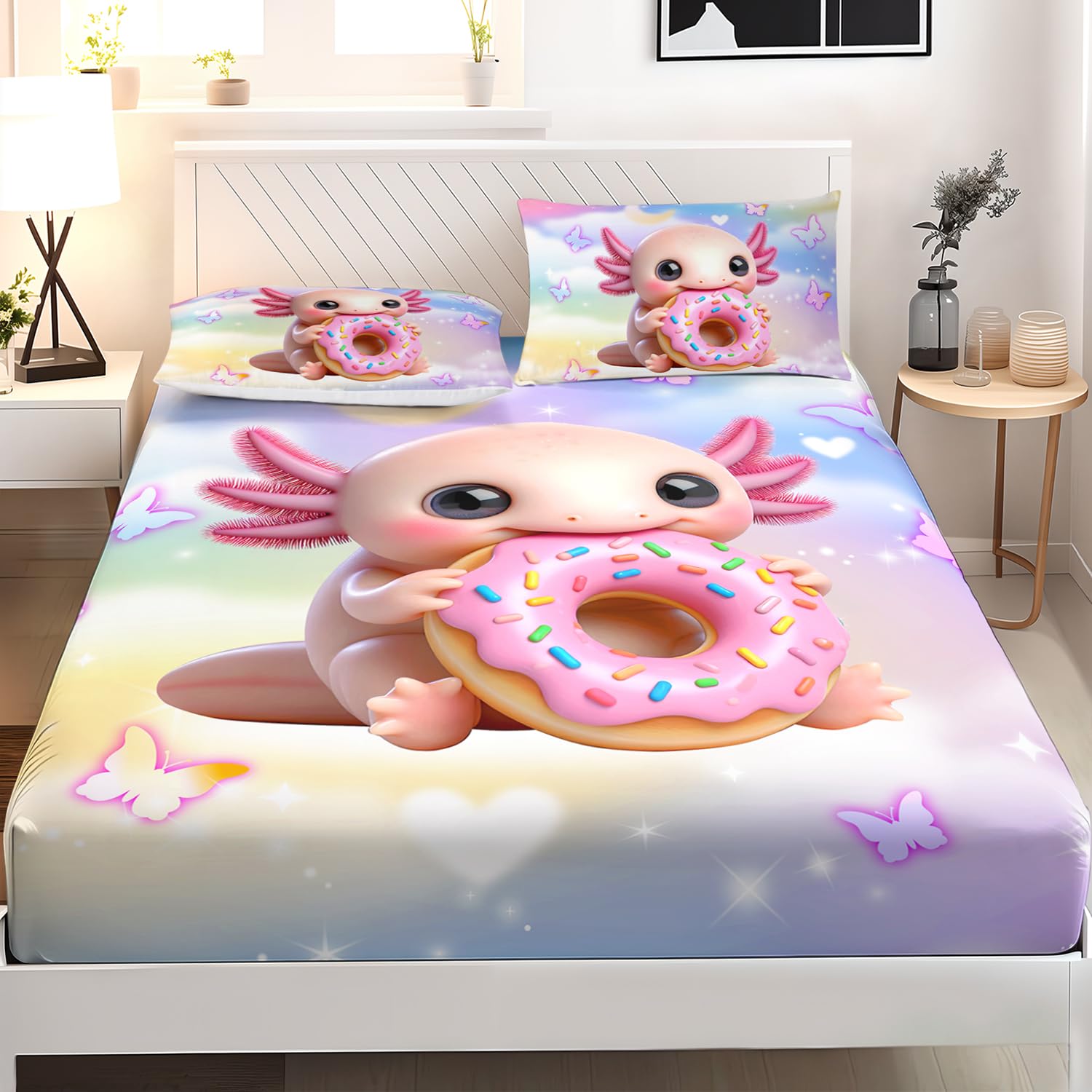 AILONEN Cute Axolotl Fitted Sheet Set, Full Size, 3-Piece Doughnut Axolotl Bed Sheet Set for Kids, Pretty Butterfly Design Fitted Sheet with 2 Pillowcases, Microfiber