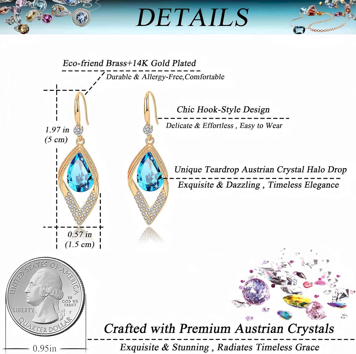 Austrian Crystal Teardrop Hollow Leaf Drop Dangle Earrings for Women 14K Rose Gold Plated Hypoallergenic Jewelry - Image 4