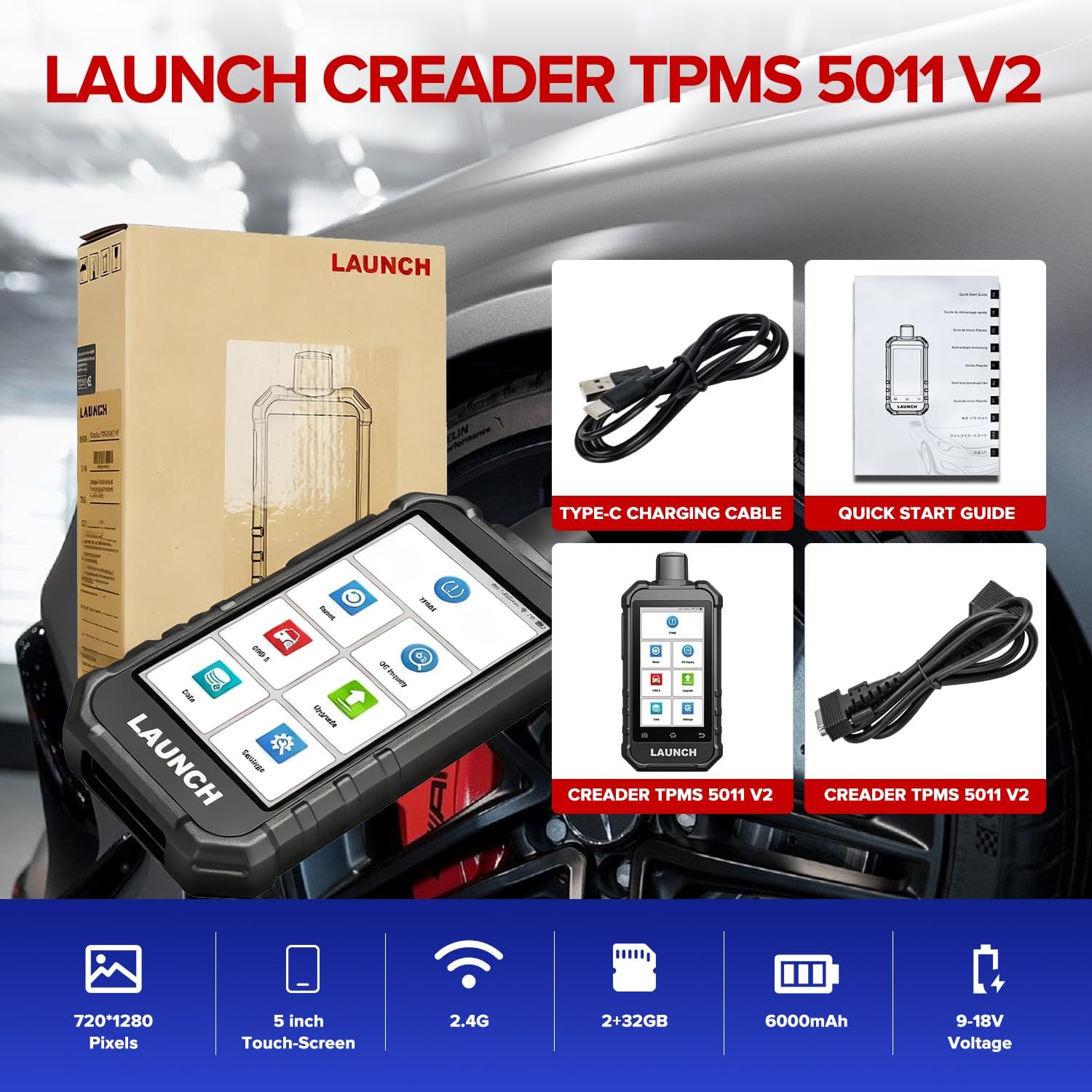 LAUNCH Creader TPMS 5011 V2 TPMS Relearn Tool, Activate Program 315/433MHz Tire Sensors, Full OBD2 Scanner, 12 Reset Functions, WiFi Lifetime Free Update Car Diagnostic Tool