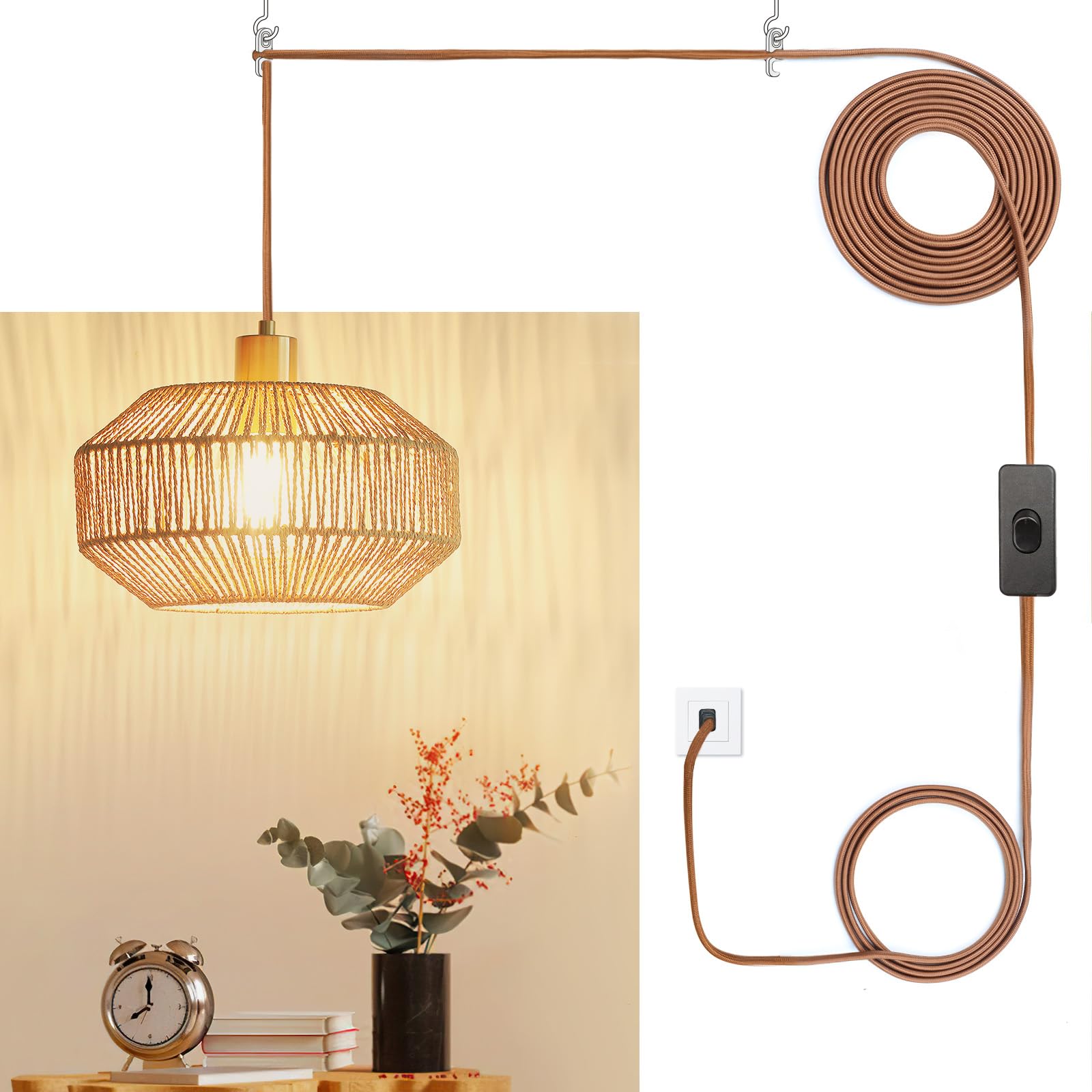 Plug in Pendant Light Paper Woven Rattan Hanging Lights Boho Hanging Lamp Rustic Farmhouse Pendant Lights for Kitchen Dining Room Bedroom Entryway, with 3-Way Dimmable Bulb (Woven)