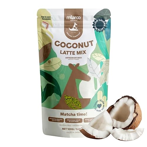 Coconut Matcha Latte 3.53 oz Polvo cremoso de té verde japonés con sabor a coco, sin lácteos, sin edulcorantes artificiales, 0.18 onzas de azúcar,