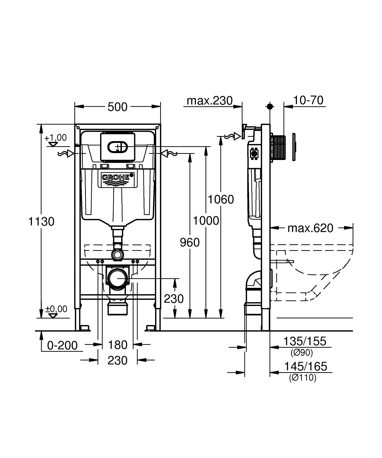 GROHE Solido 38981000 - Sistema de instalación 3 en 1 (1,13 m de altura, incluye elemento Rapid SL para inodoro, placa de cubierta Arena Comopolitan y accesorios para montaje en pared)
