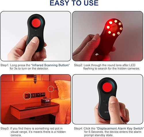 Miniatura 3 de Detector de cámara oculta antiespía sin mirar con luces de flash LED, cámara estenopeica portátil, equipaje y alarma personal 3 en 1 de función de