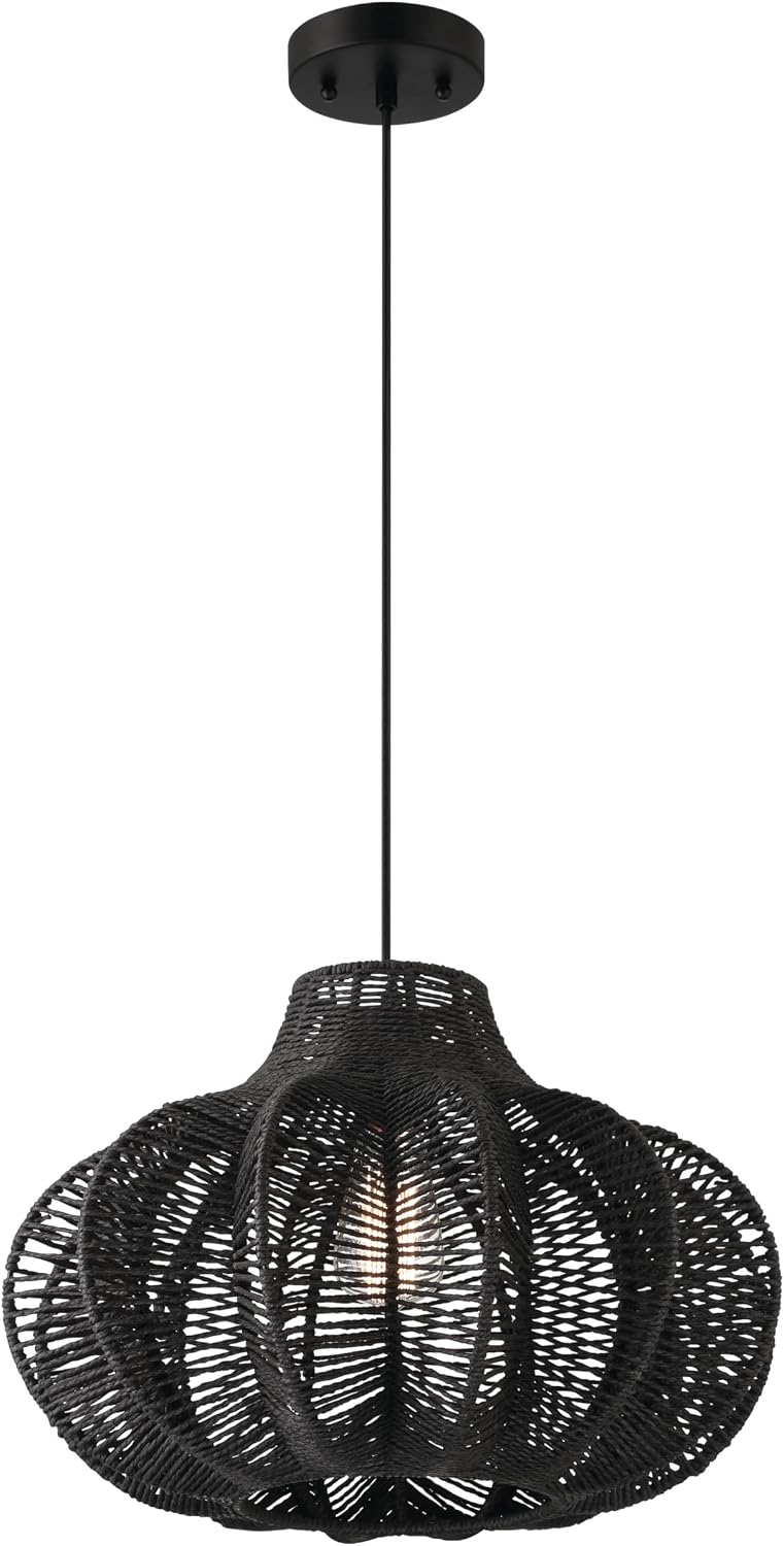 Creative Co-Op Boho Handwoven Paper Rope and Metal Ceiling Pendant Lamp, Black