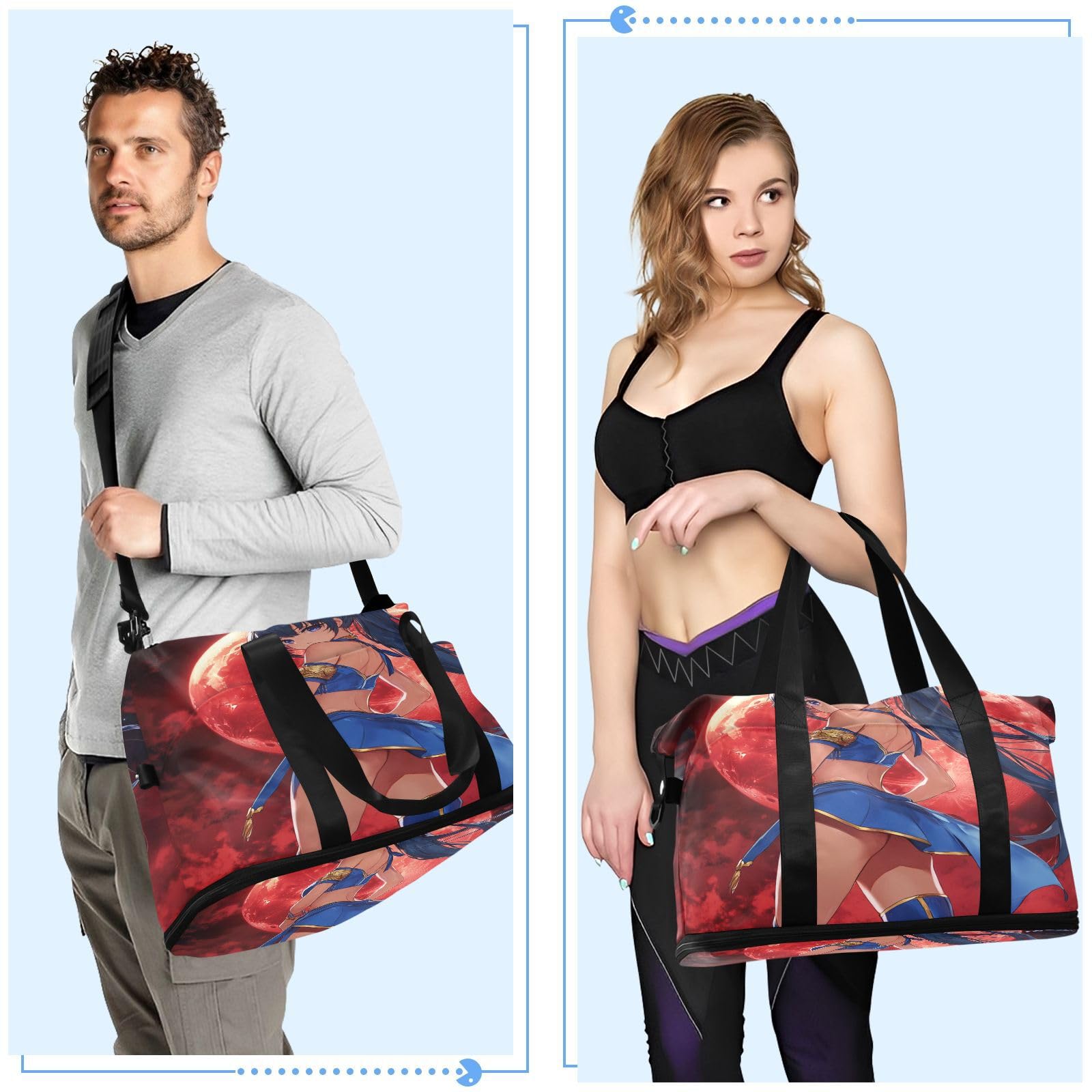 Bolsas de viaje de estilo anime, con fondo de luna roja, con bolsillo mojado, correa ajustable, para gimnasio, para viaje, juego de 2 piezas para hombres y mujeres