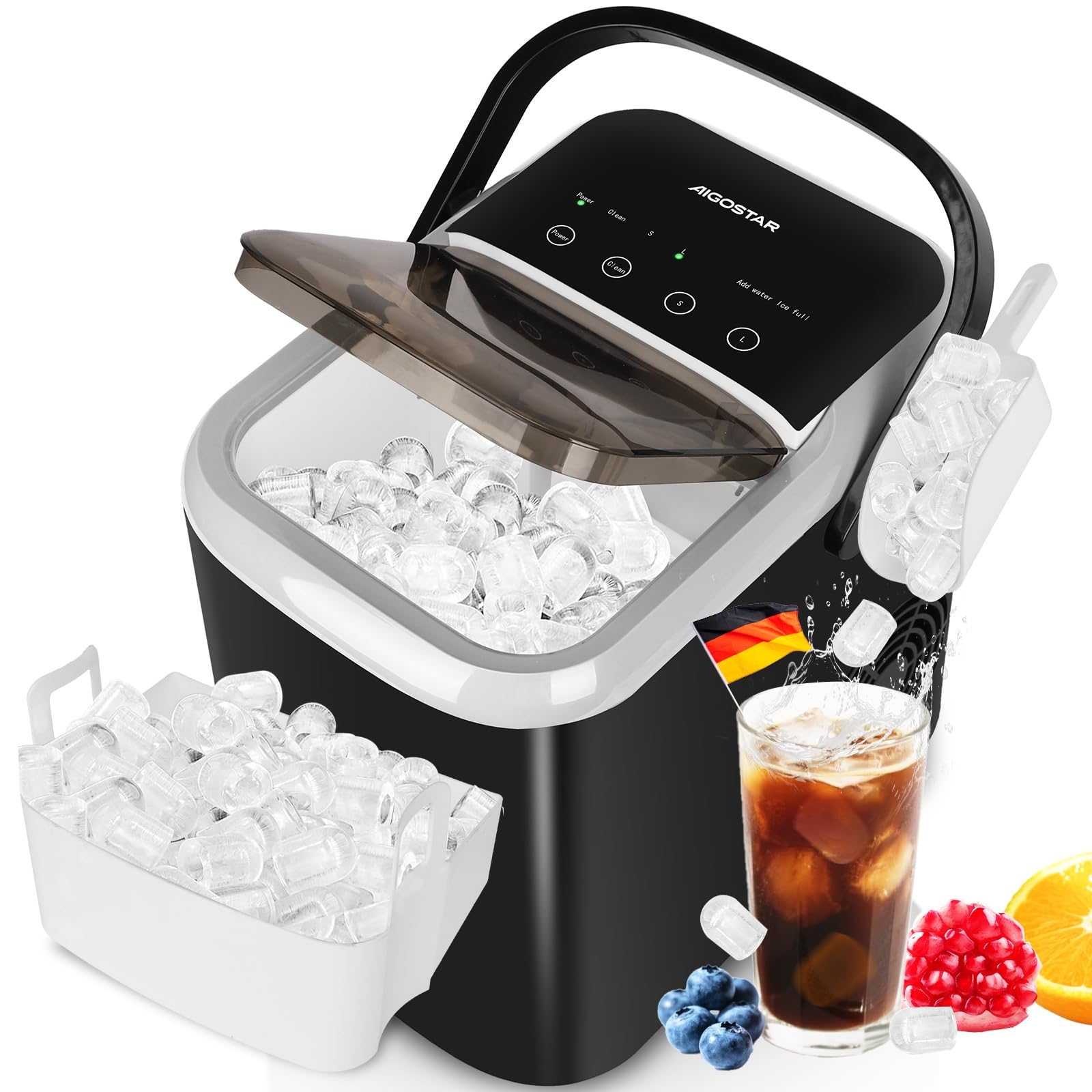Aigostar Klein Eiswürfelmaschine 1,5L, 130W Doppeldeckel Eiswürfel Maschine, 9 Eiswürfel in 6 Mins, 14kg/24h, 2 Eiswürfel Größen, Selbstreinigend Ice Maker, Eisbehälter voll & Wassermangelwarnung