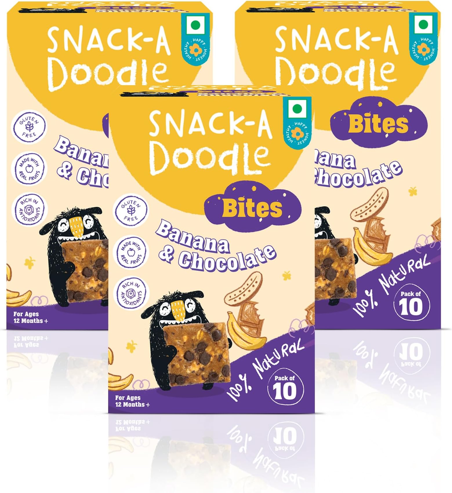 Snack-a-Doodle Banana & Choco Chip Bites X 3 | Nutritious Healthy Snacks for Kids | No Added Sugar | Sweetened with Fruits | Vegan & Gluten-Free | Perfect for Tiffin, Evening Snacks & Travel | 450g