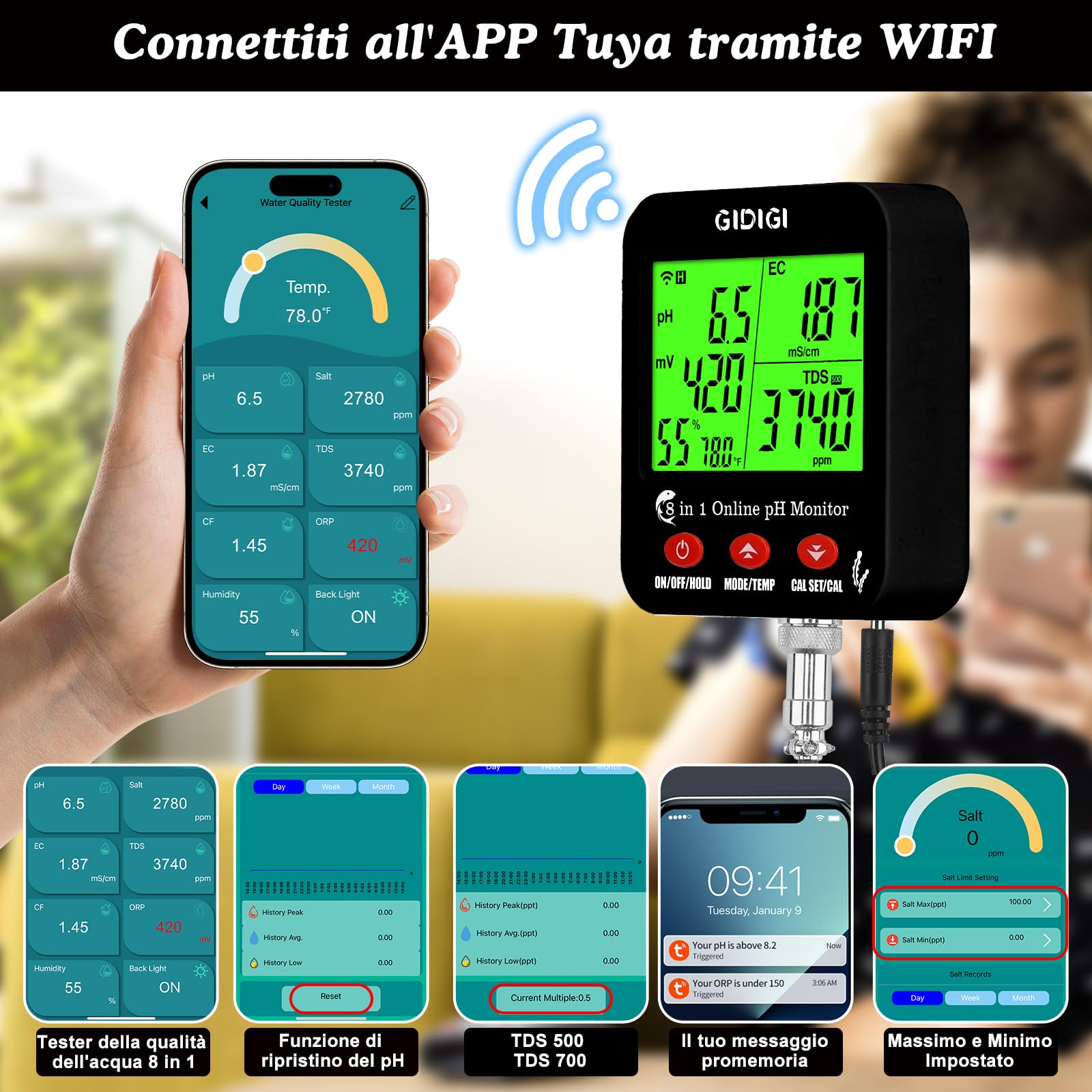 Misuratore di pH/EC/TDS/sale intelligente WiFi 8 in 1 con ORP, umidità e temp, monitor dei nutrienti per l'idroponica e tester salinità per acquario, vasca per pesci, soluzioni di calibrazione incluse