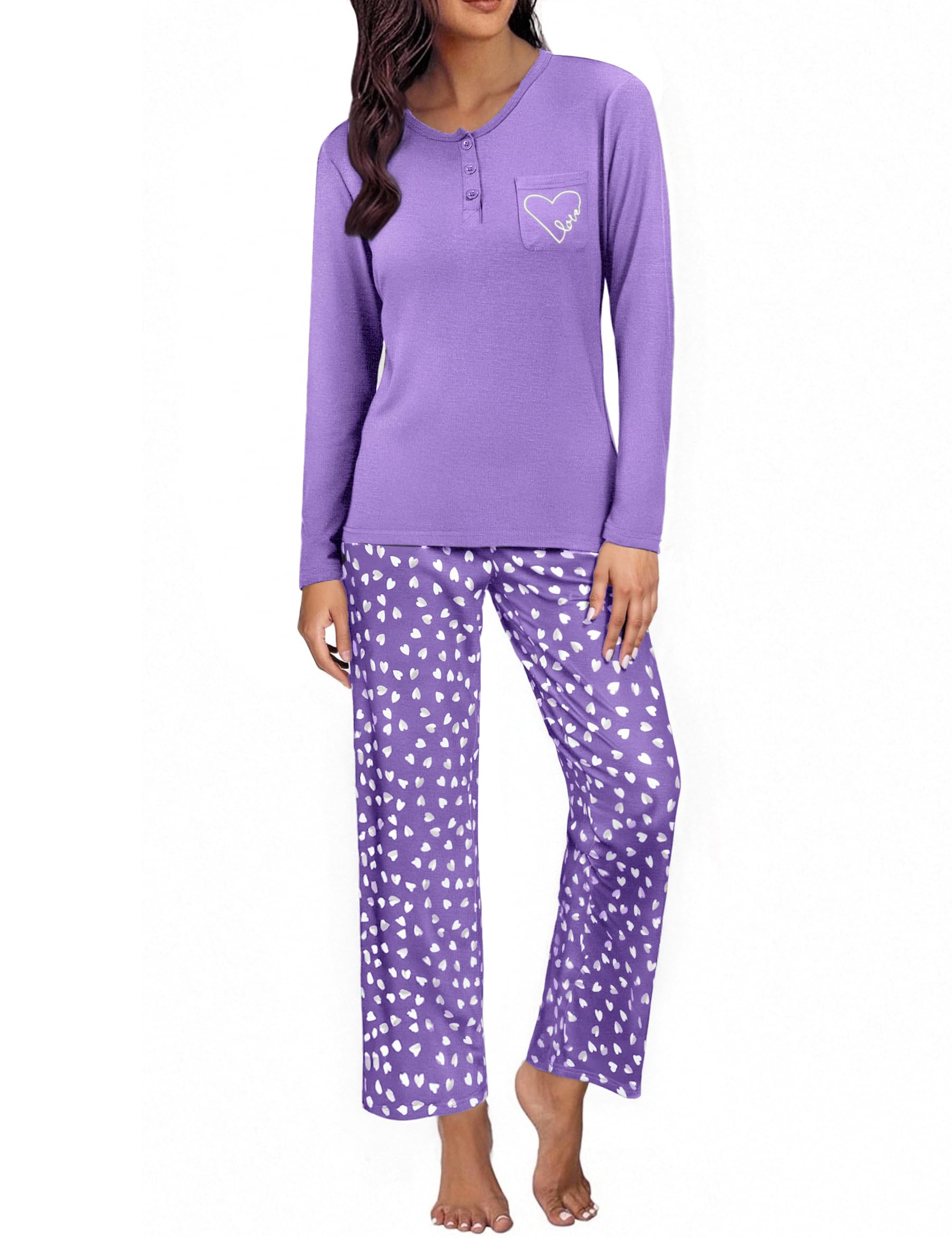 Demegimi Schlafanzug Damen Lang Pyjama Baumwolle Winter Nachtwäsche Rundhals Schlafanzüge mit Herzen Loungewear Sleepwear Hausanzug