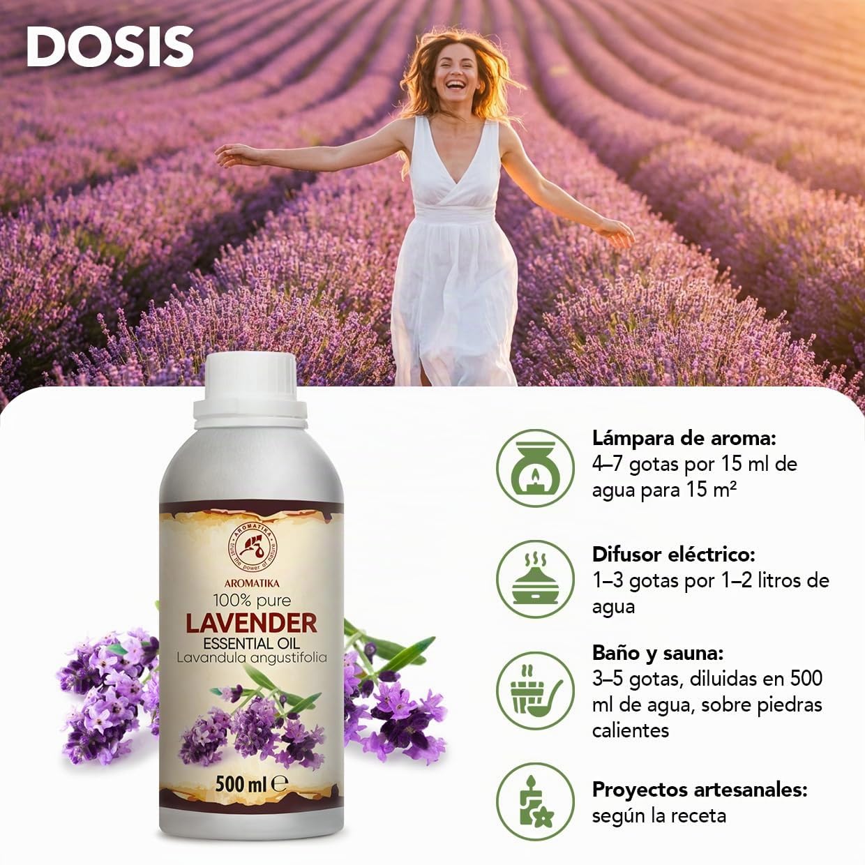Aceite Lavanda 500ml para Difusor - Lámpara Aromática - Buen Sueño - Calmante - Relajación - Lavandula Angustifolia - Aceites Esenciales Natural 100% - Cuidado Piel, Cabello y Ropa