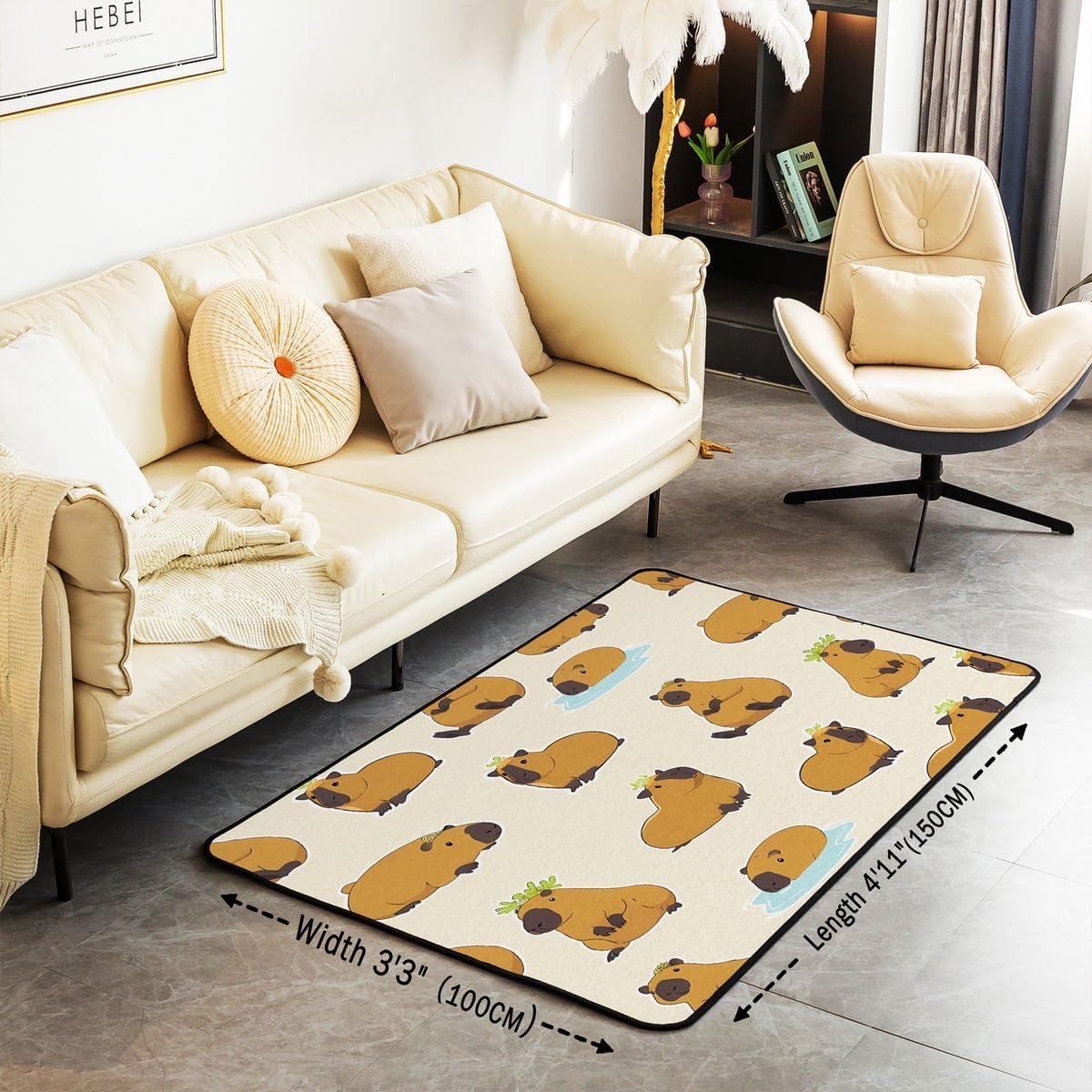 Capybara Area Rug 3x5 Kids Cartoon Animal Living Room Rugs for Boys Girls Kawaii Capybara Frog Decorative Carpet Cute Indoor Floor Mat Yellow Accent Rug