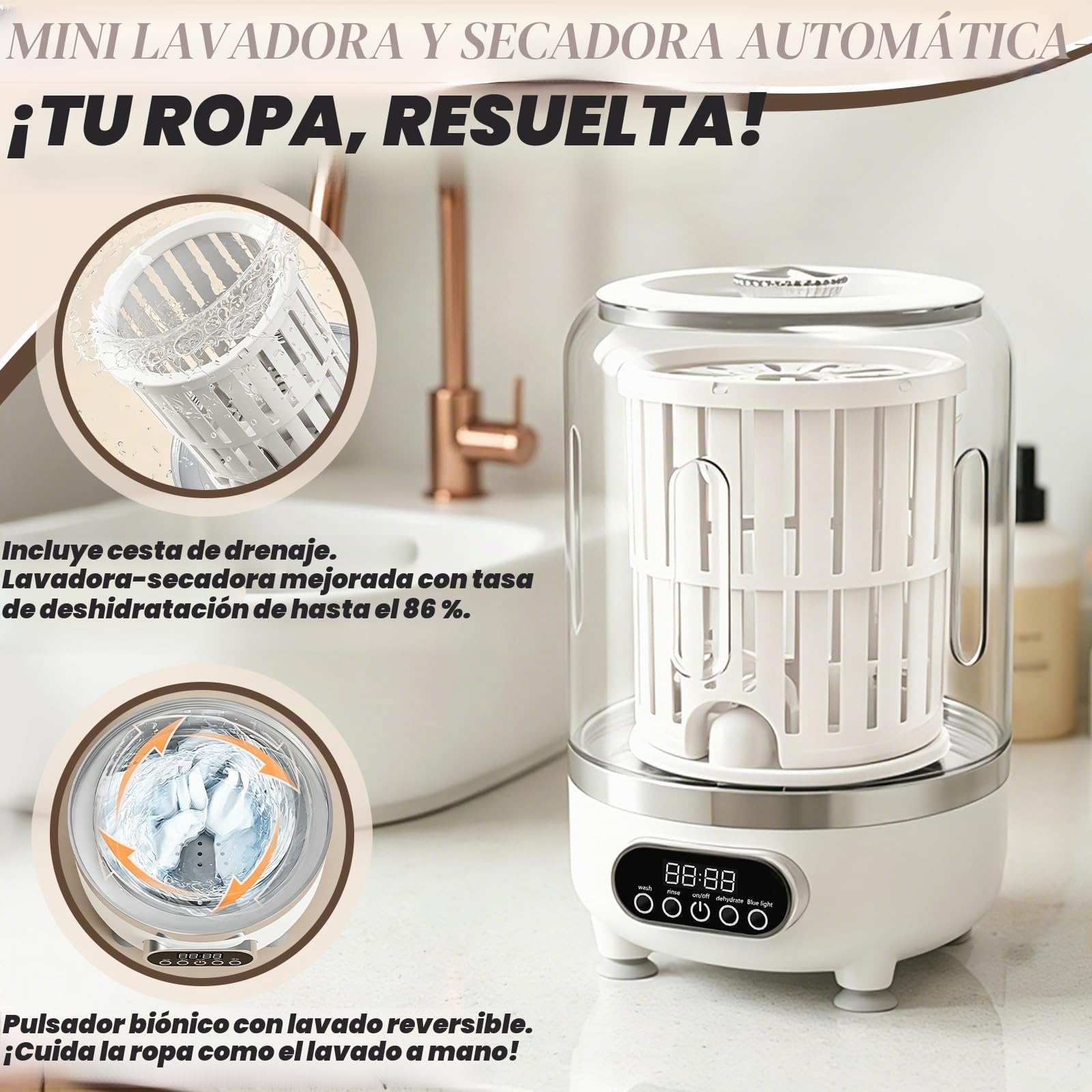 Lavadora para ropa interior, Mini lavadora automática con centrifugado, 3L, con desinfección por luz azul y cesta escurridora, a batería, lavadora para prendas pequeñas y ropa interior