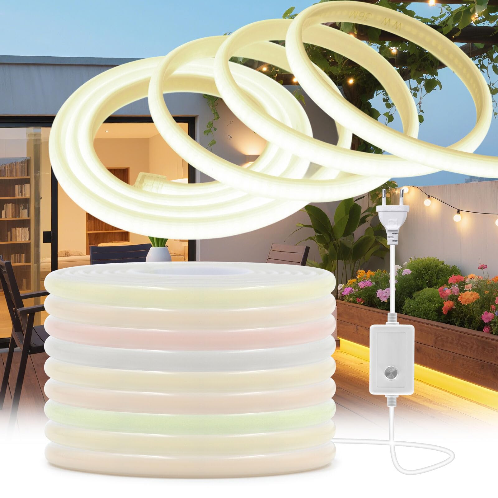 KISUFU COB LED Streifen 230V, 288LEDs/m IP65 Wasserdicht Dimmbar 220V LED Neon Band Strip Light with EU Plug für Außen Home Dekoration, Küche, Spiegel.