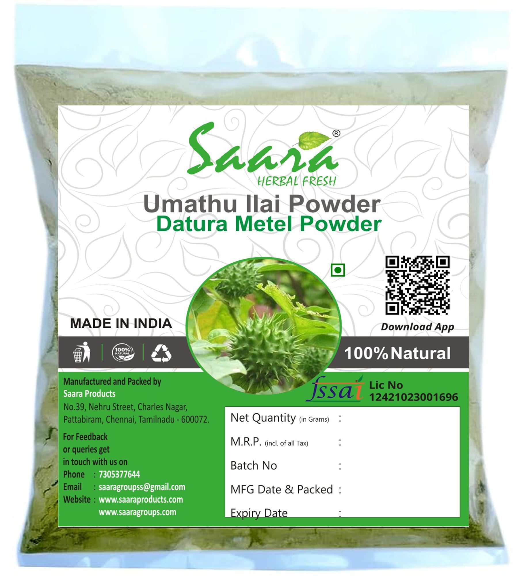 SAARA Umathu Ilai Powder (Oomatham,Datura Metel) Powder, 50g (B09MKN85Q8) Amazon Price History, Amazon Price Tracker