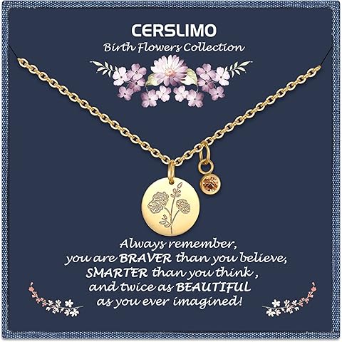CERSLIMO Birthday Gifts for Her Birth Flower Necklaces, 18K Gold Plated Dainty Birth Month Floral Birthstone Disc Coin Pendant Necklaces | Women Wildflower Jewelry Gifts for Valentines Anniversary
