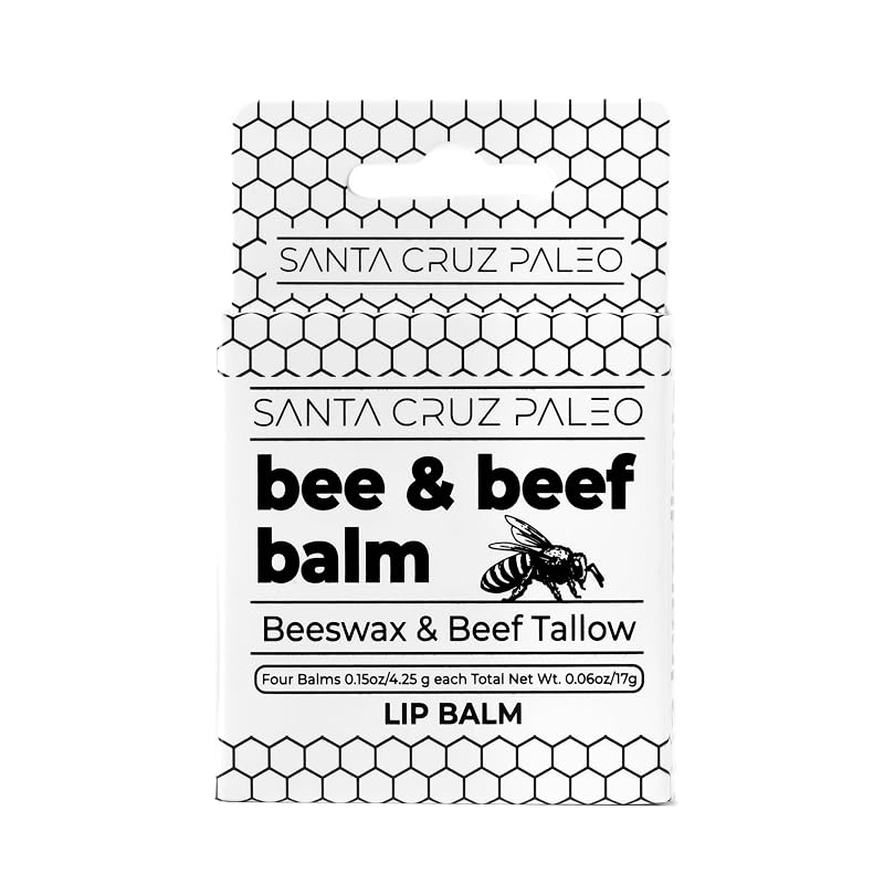 Santa Cruz Paleo Bálsamo labial com sebo bovino de gado alimentado com pasto e cera de abelha, sem fragrância, Pacote com 4