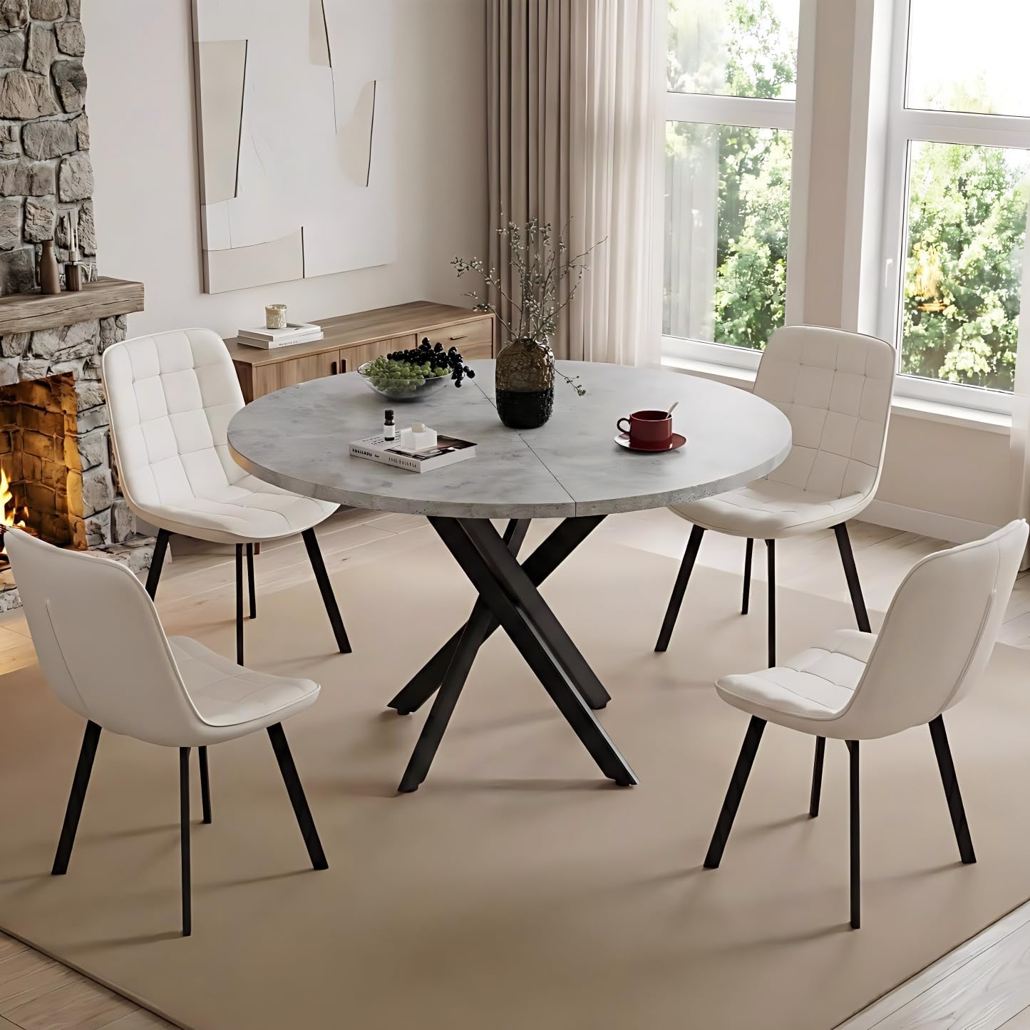 EROMMY Round Dining Table Set for 4, Modern Kitchen Table and Chairs with X-Shaped Table Legs & U-Shaped Thick Cushion, Wooden Dining Room Set for Dining Room Kitchen (Gray Table + 4 Beige Chairs)