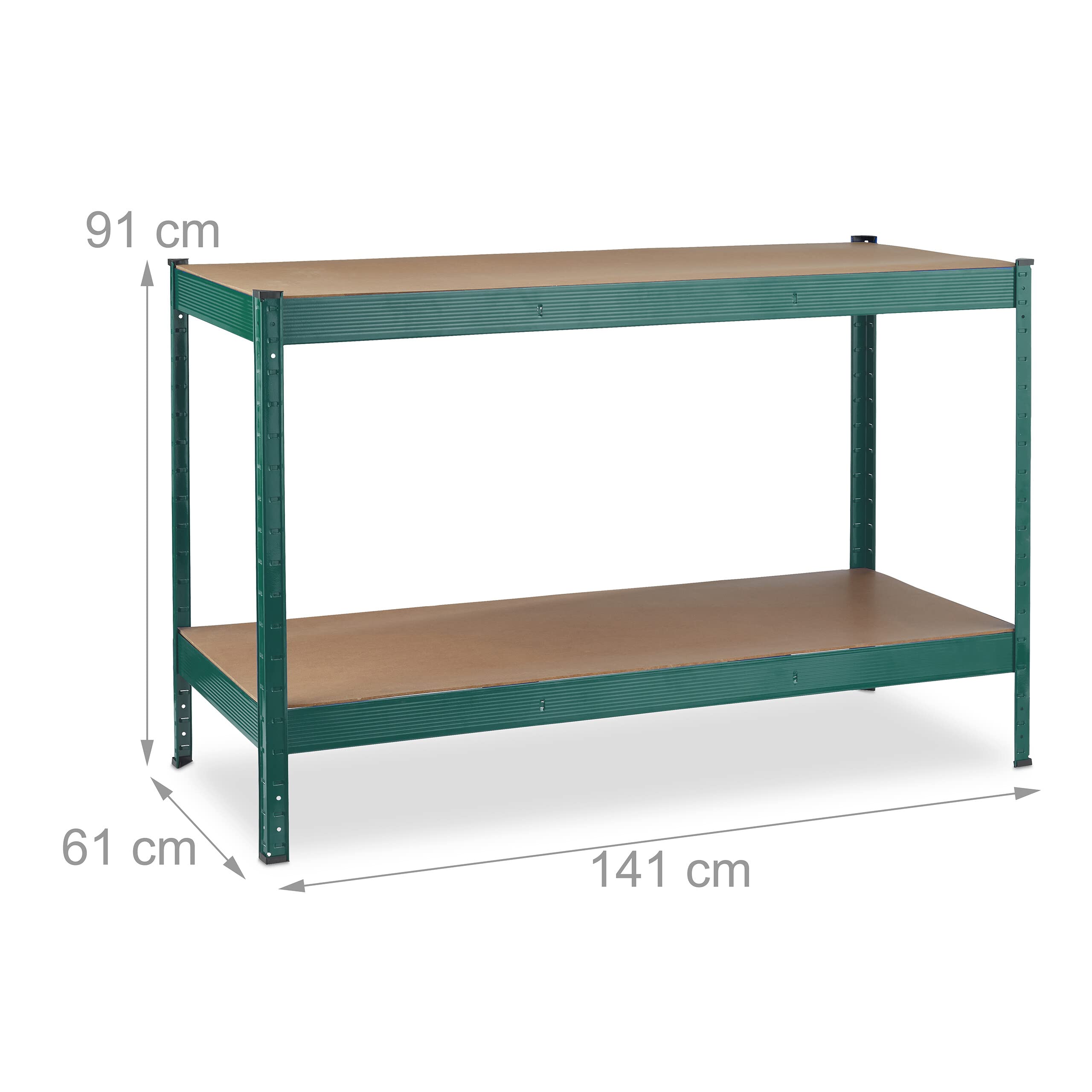Relaxdays Stół warsztatowy, 600 kg, wys. x szer. x gł.: 91 x 141 x 61 cm, 2 regulowane poziomy, stół warsztatowy, stal i płyta MDF, regał warsztatowy, zielony