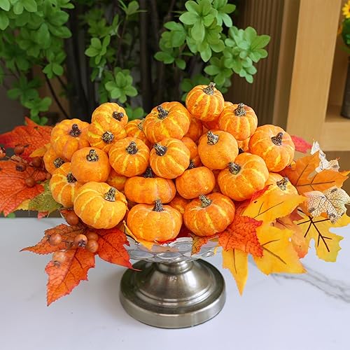 Miniatura 7 de Winlyn 48 mini calabazas artificiales naranjas artificiales de otoño de cosecha rústica de espuma sintética de 1.8 pulgadas 2.1 pulgadas para centro