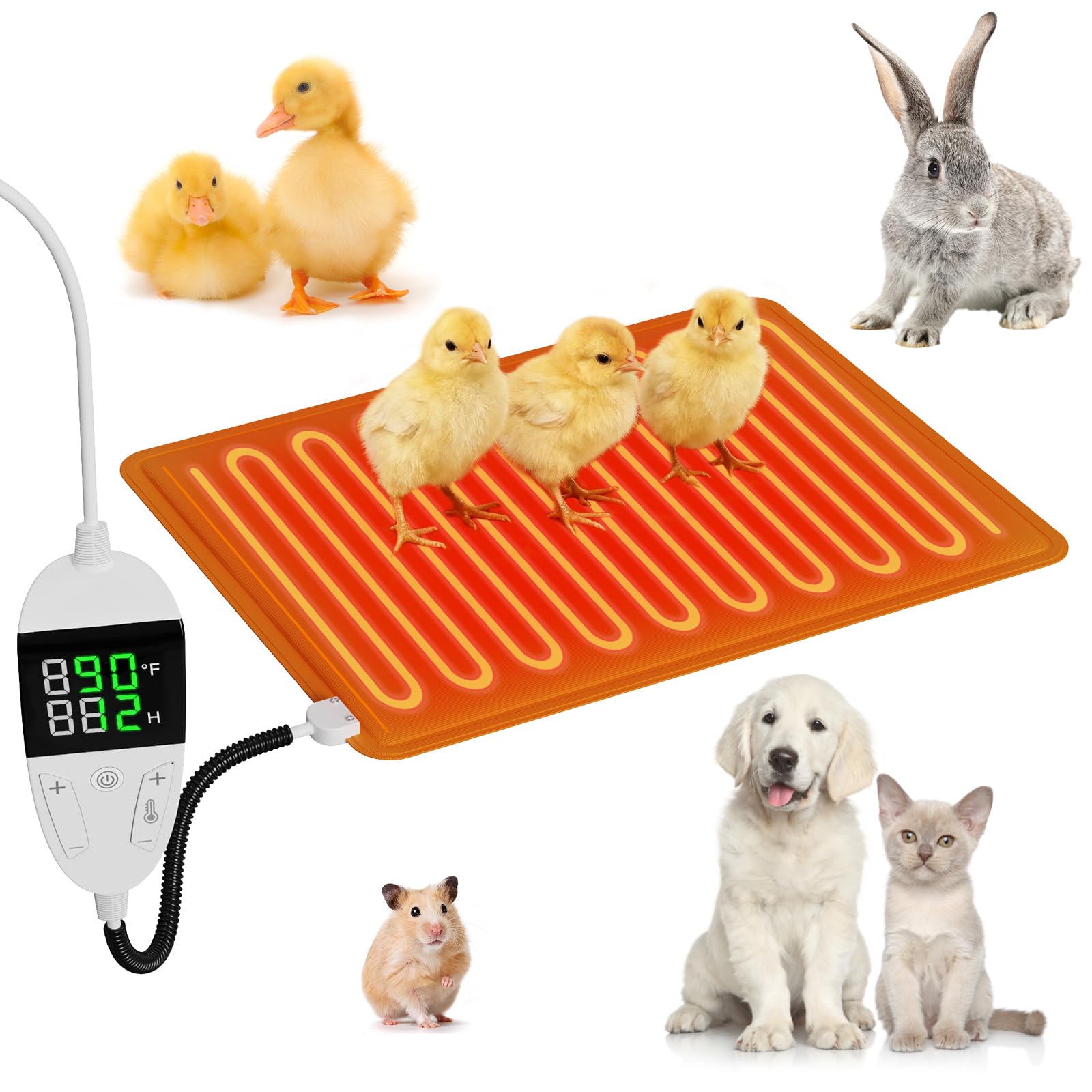 Pet Heating Pads for Cats, Small Animal Heating Pads, Chicken Heating Pad with Digital Thermostat & Timer, 11.7x15.7in, Anti-Bite/Chew Cord, Outdoor Waterproof Mat for Reptiles, Rabbits