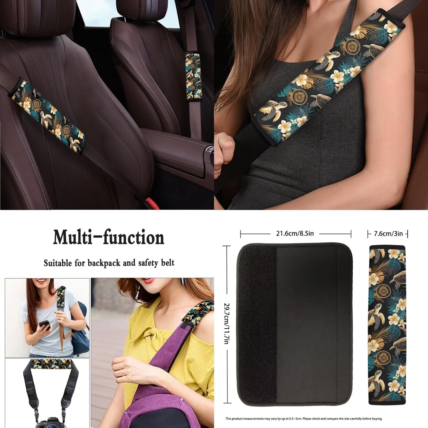 Sea Turtle Tropical Floral Print Car Seat Covers Full Set,Universal Car Steering Wheel Cover/Armrest Cover/Seatbelt Covers/Coasters/Lip Holder/Keychains
