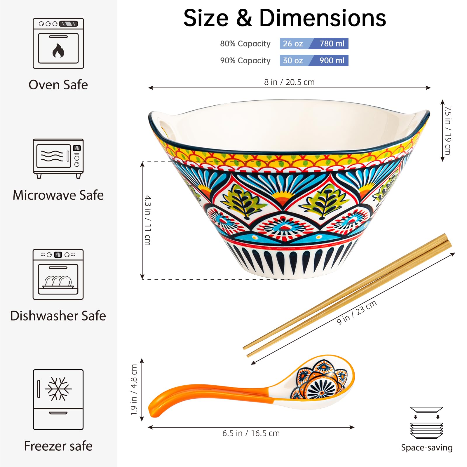 HENXFEN LEAD Lot de 2 bols à ramen japonais en porcelaine, 780 ml, bol à soupe coloré avec baguettes et cuillère – Style bohème