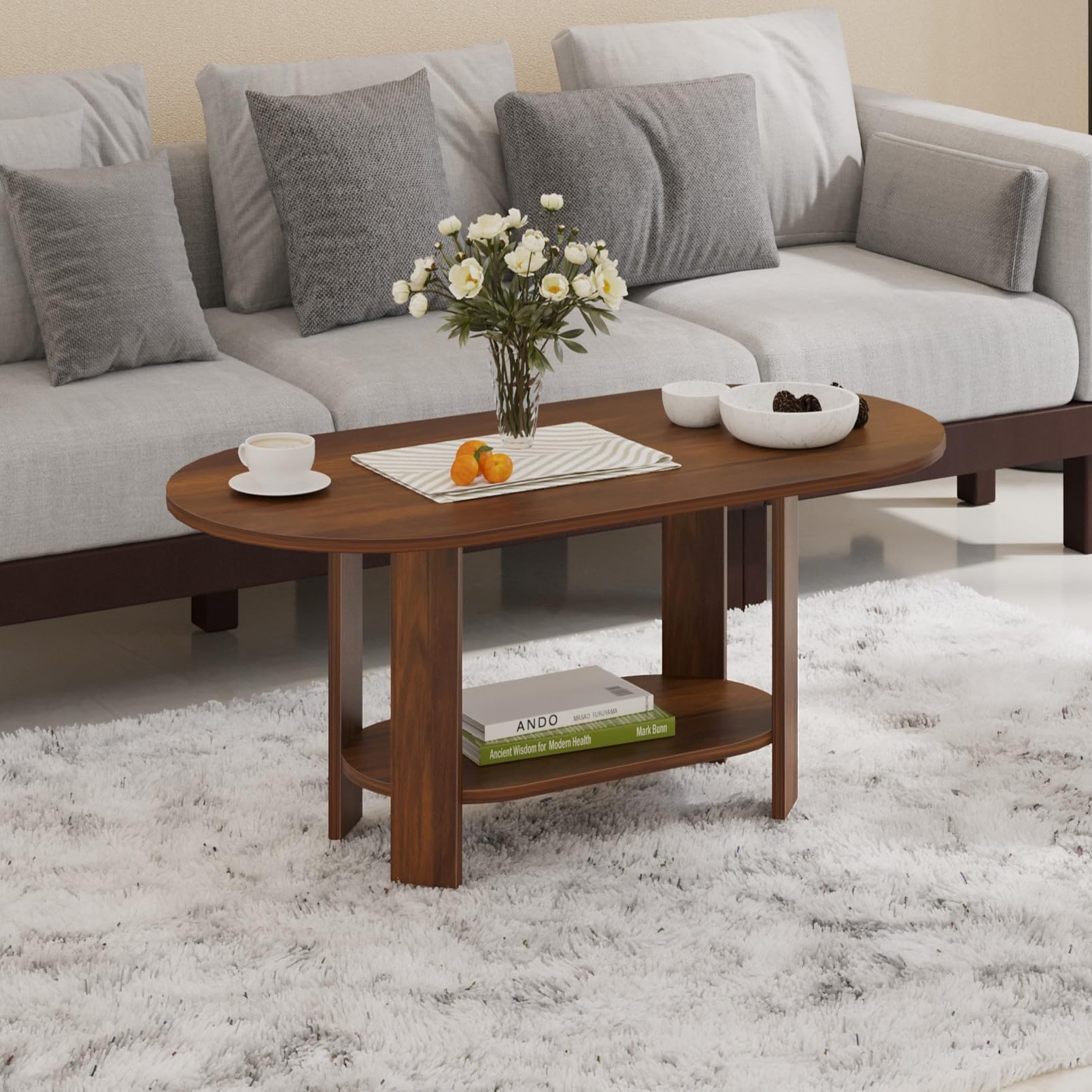 BLUEWUD Osnale Engineered Wood Oval Shape Coffee Center Sofa Tea/Teapoy Console Table for Sofa Set Living Room Home Hall (Brown Maple) (Wenge)