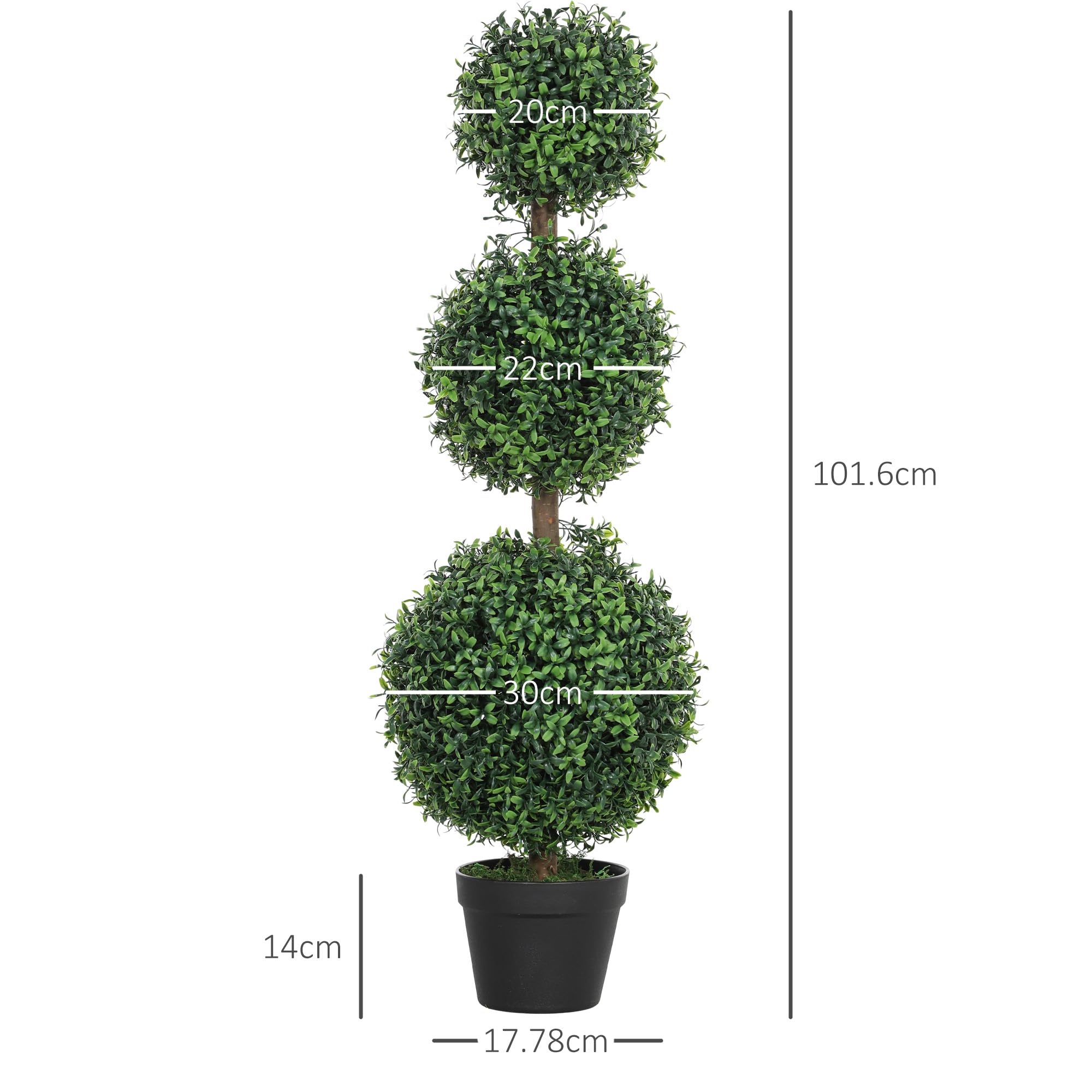 HOMCOM Lot de 2 Arbres artificiels décoratifs en Forme de Boule topiaire en Pot - Plantes artificielles pour la décoration intérieure et extérieure - 100 cm - 3 Boules d'arbre